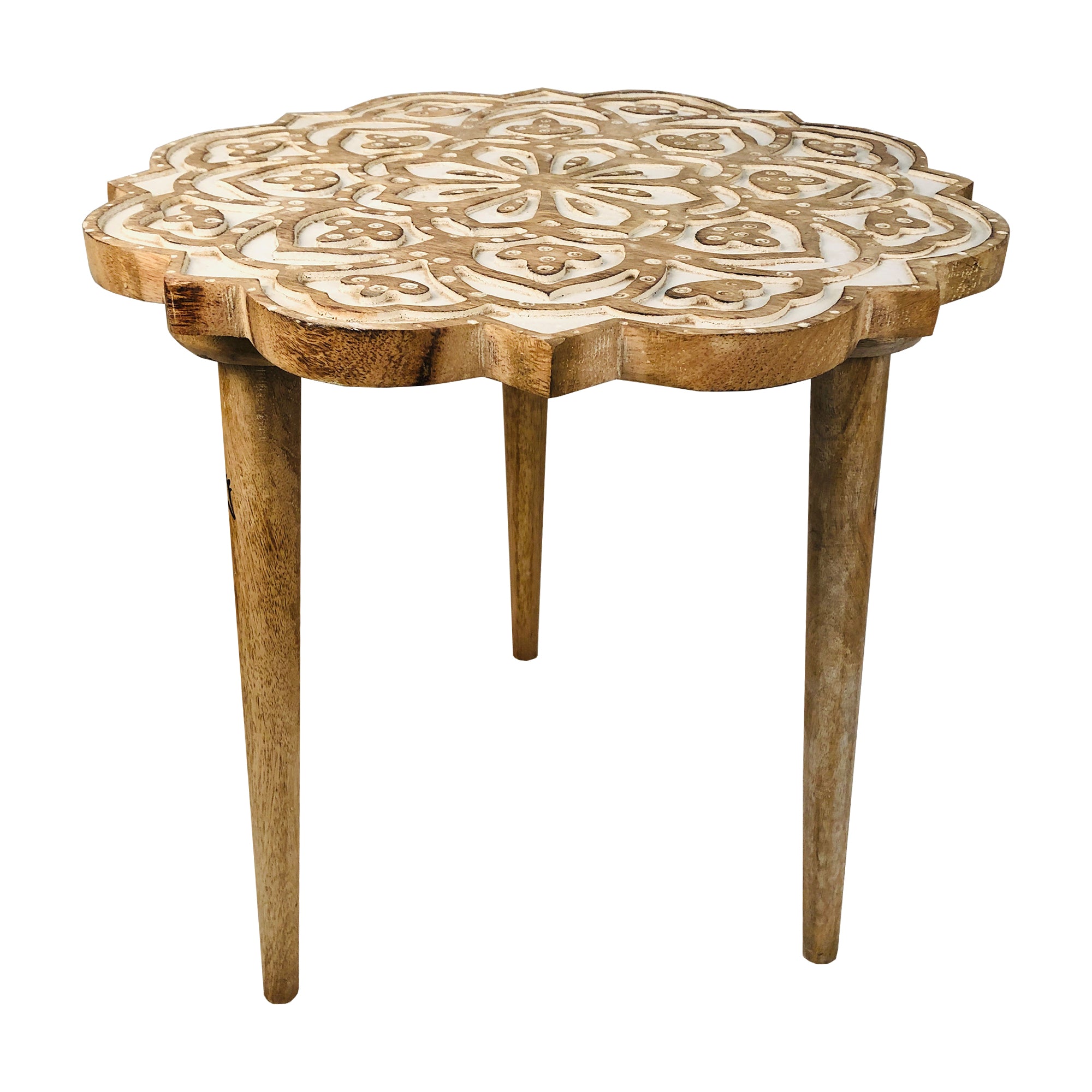 Wooden Side Table with Floral Carved Top and Tripod Base, Antique Brown