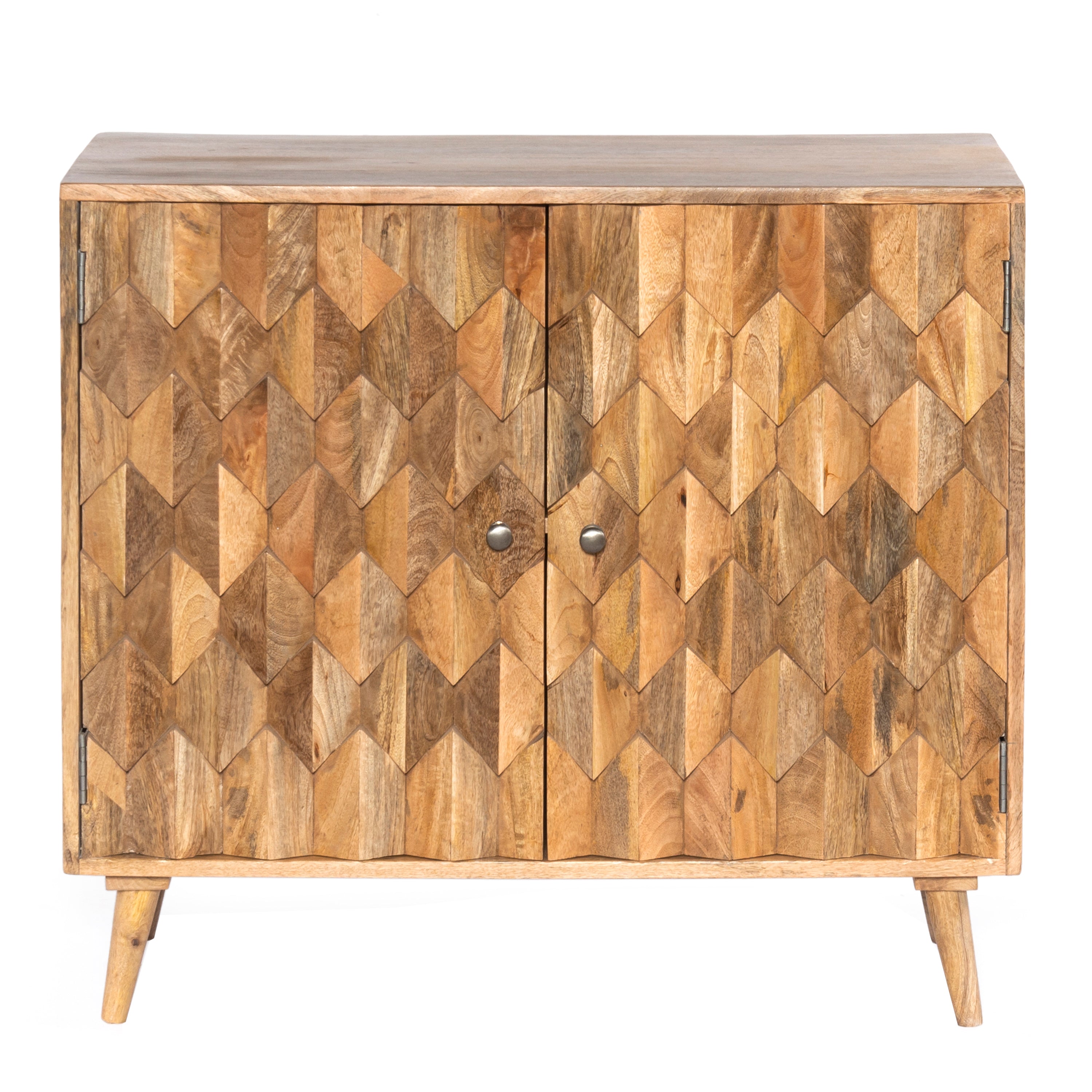 35 Inch Accent Storage Cabinet, 2 Honeycomb Inlaid Doors, Mango Wood Frame, Natural Brown
