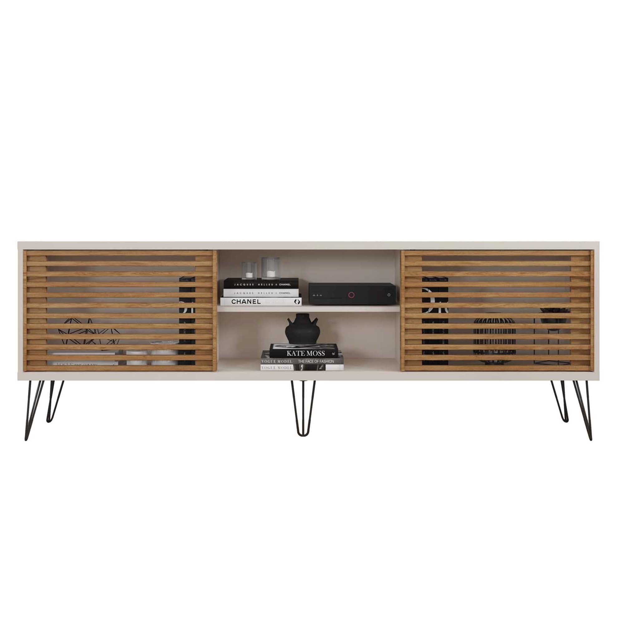 71 Inch Arthur Wooden TV Stand with 2 Slatted Sliding Doors, Brown and Off White
