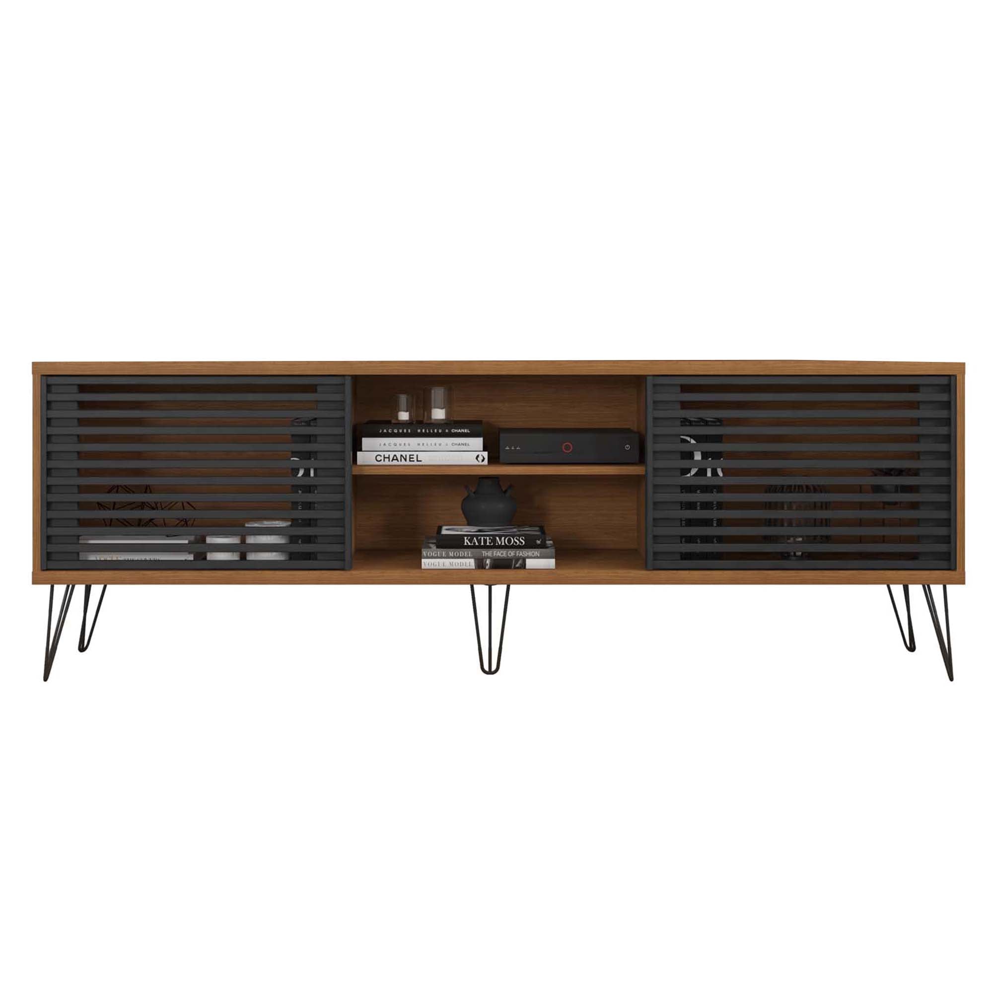 71 Inch Arthur Wooden TV Stand, 2 Slatted Sliding Doors, Dark Walnut Brown, Black
