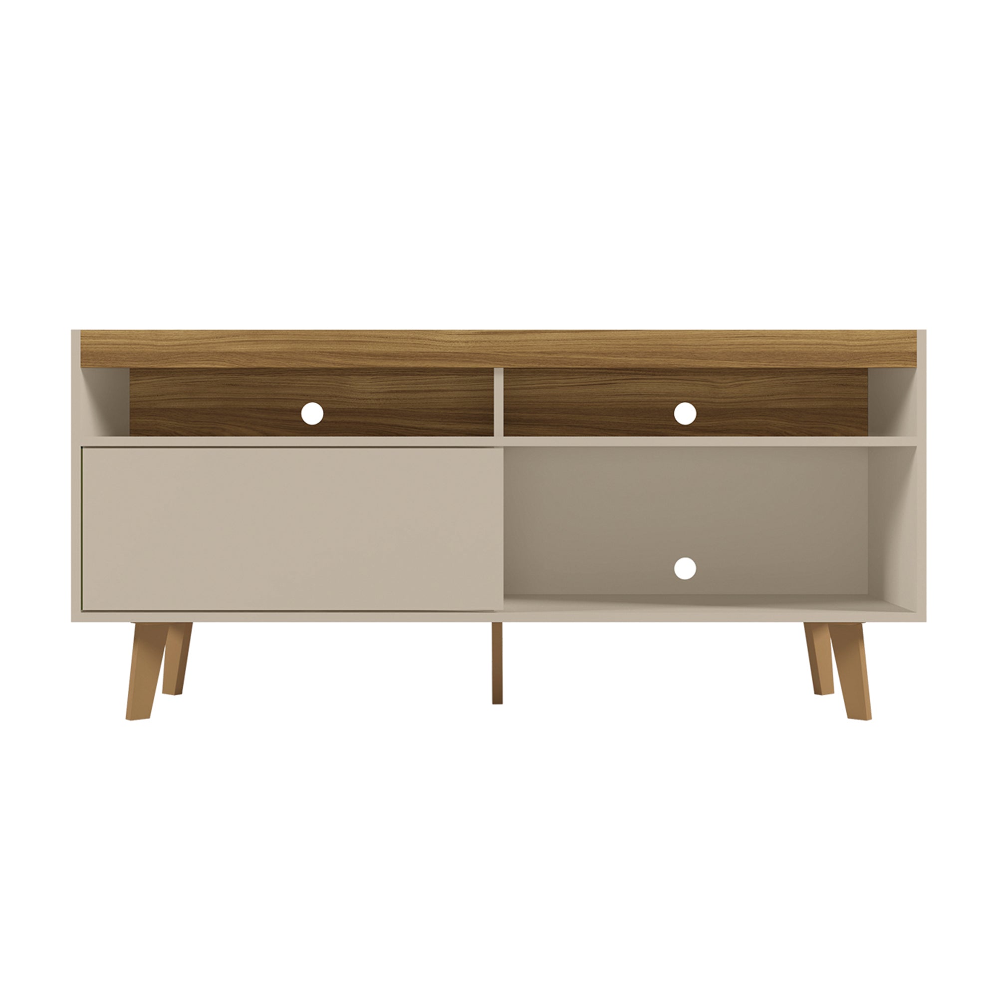 54 Inch Wooden TV Stand with 1 Sliding Door and 3 Open Compartments, Brown and Off White