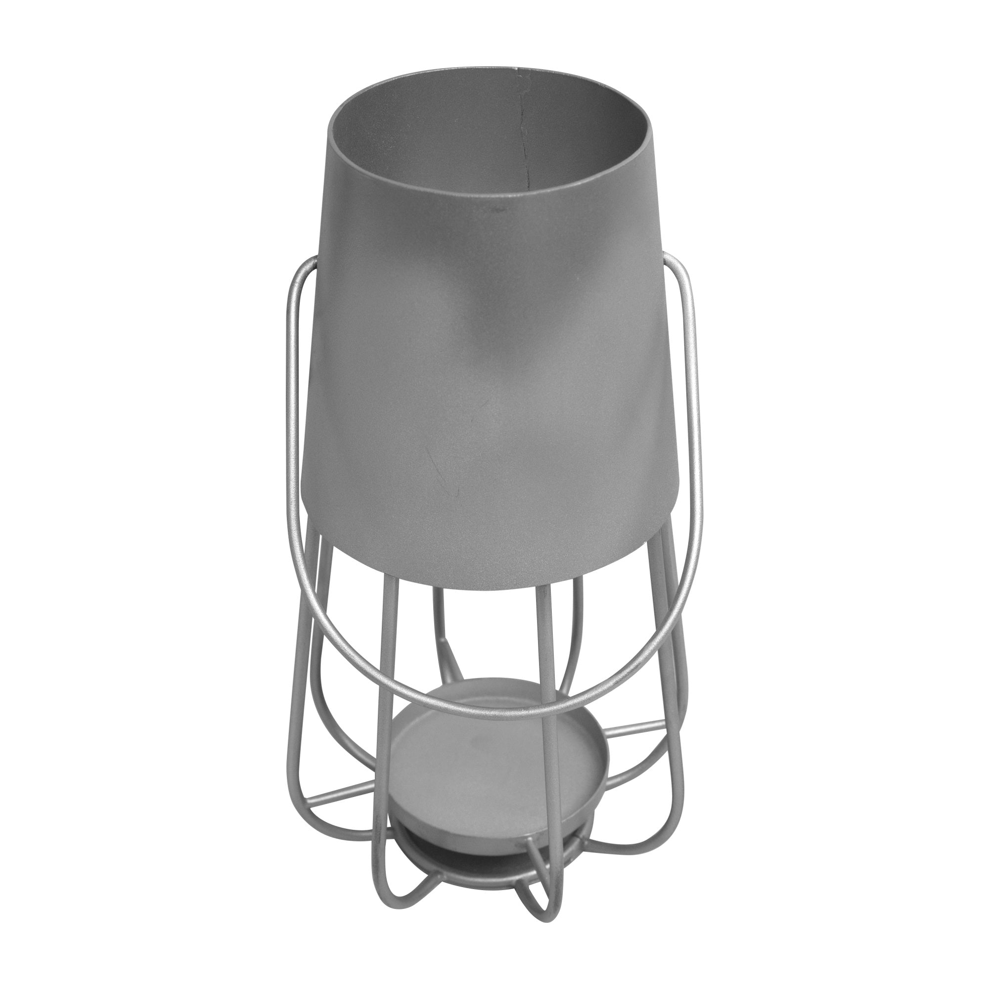 Ambient 12 Inch Vintage Style Iron Candle Stand Lantern, Sleek Curved Handle, Metallic Silver