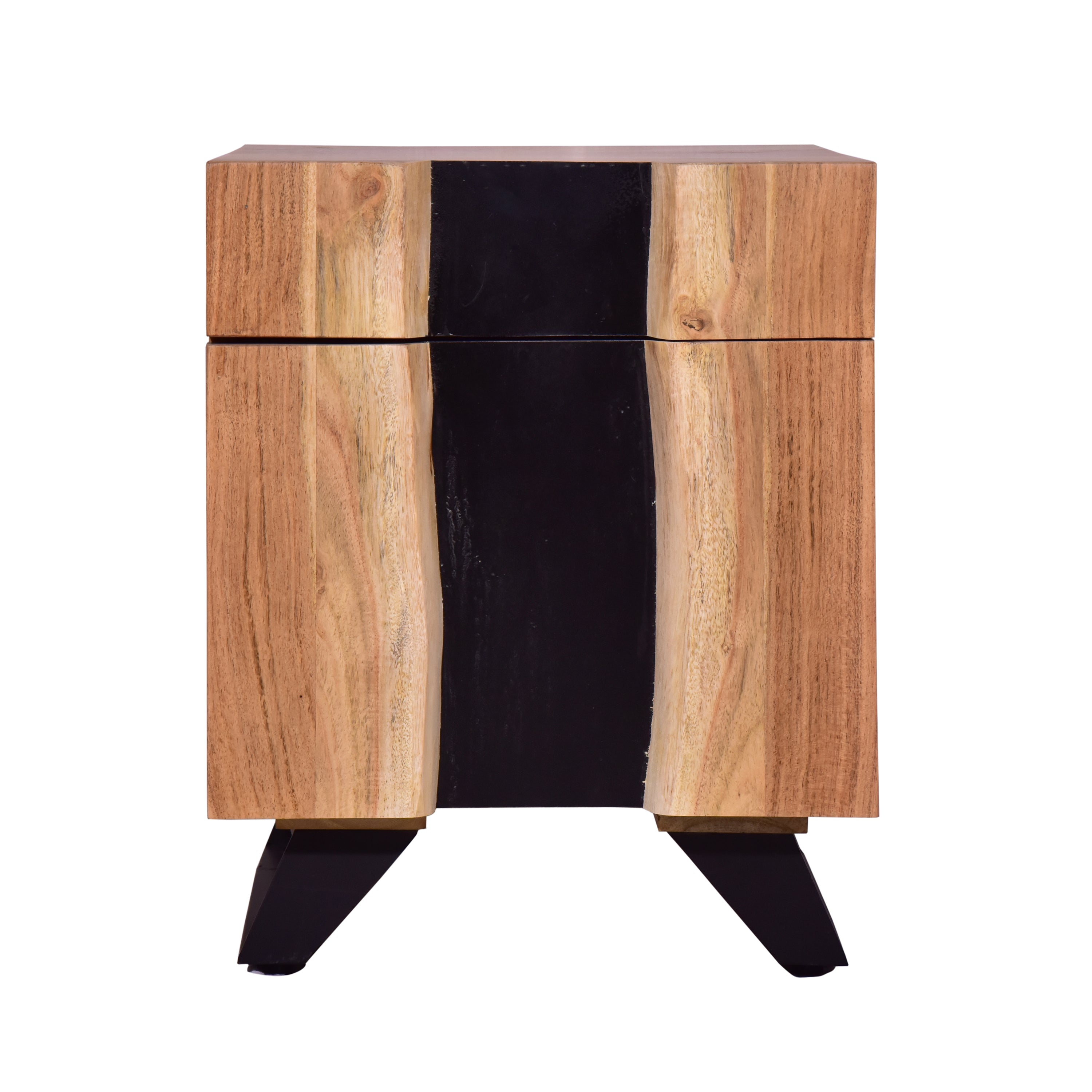 Stanley 19 Inch Single Drawer Industrial Wood Nightstand with Live Edge Details, Brown and Black