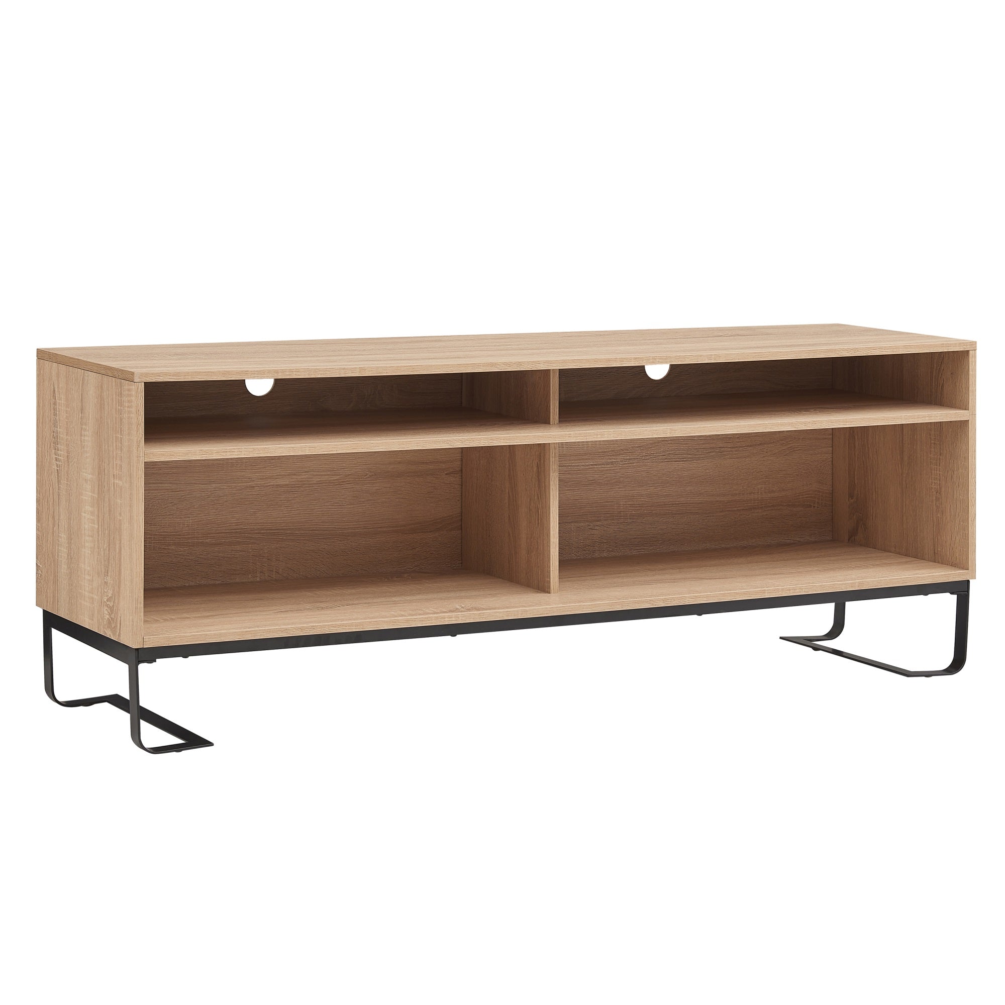 60 Inch Modern TV Media Entertainment Console, 4 Compartments, Metal Frame Base, Light Oak Brown