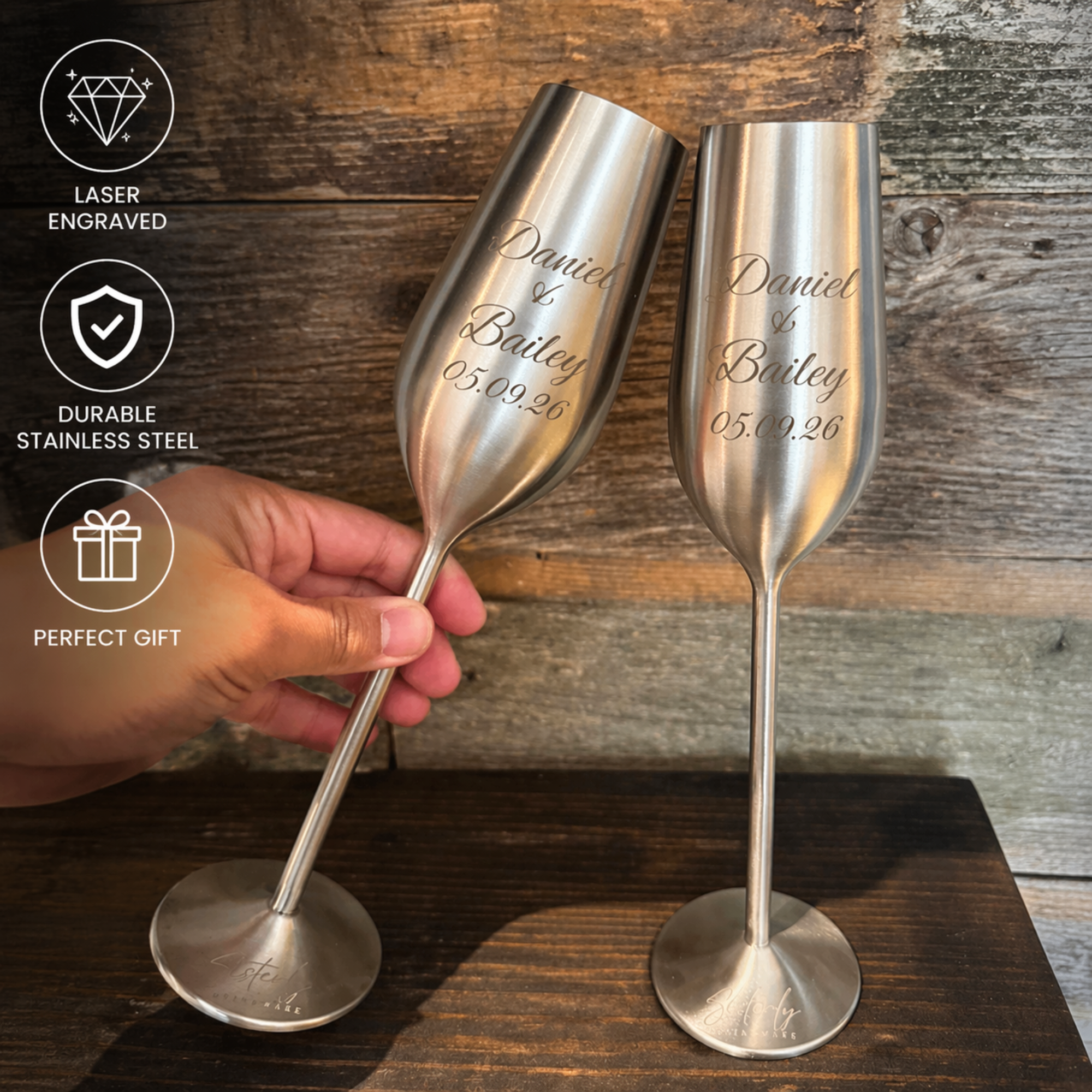 Silver Personalized Champagne Flutes Set of 2, 7.5 Ounces (221.80 ml)