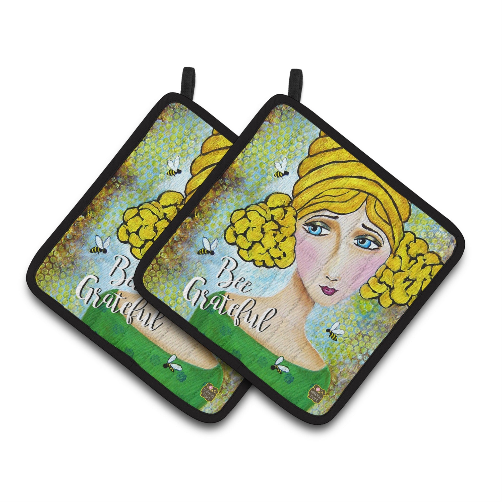 'Caroline'S Treasures Bee Grateful Girl With Beehive Pair Of Pot Holders Vha3008Pthd, 7.5Hx7.5W, Multicolor''