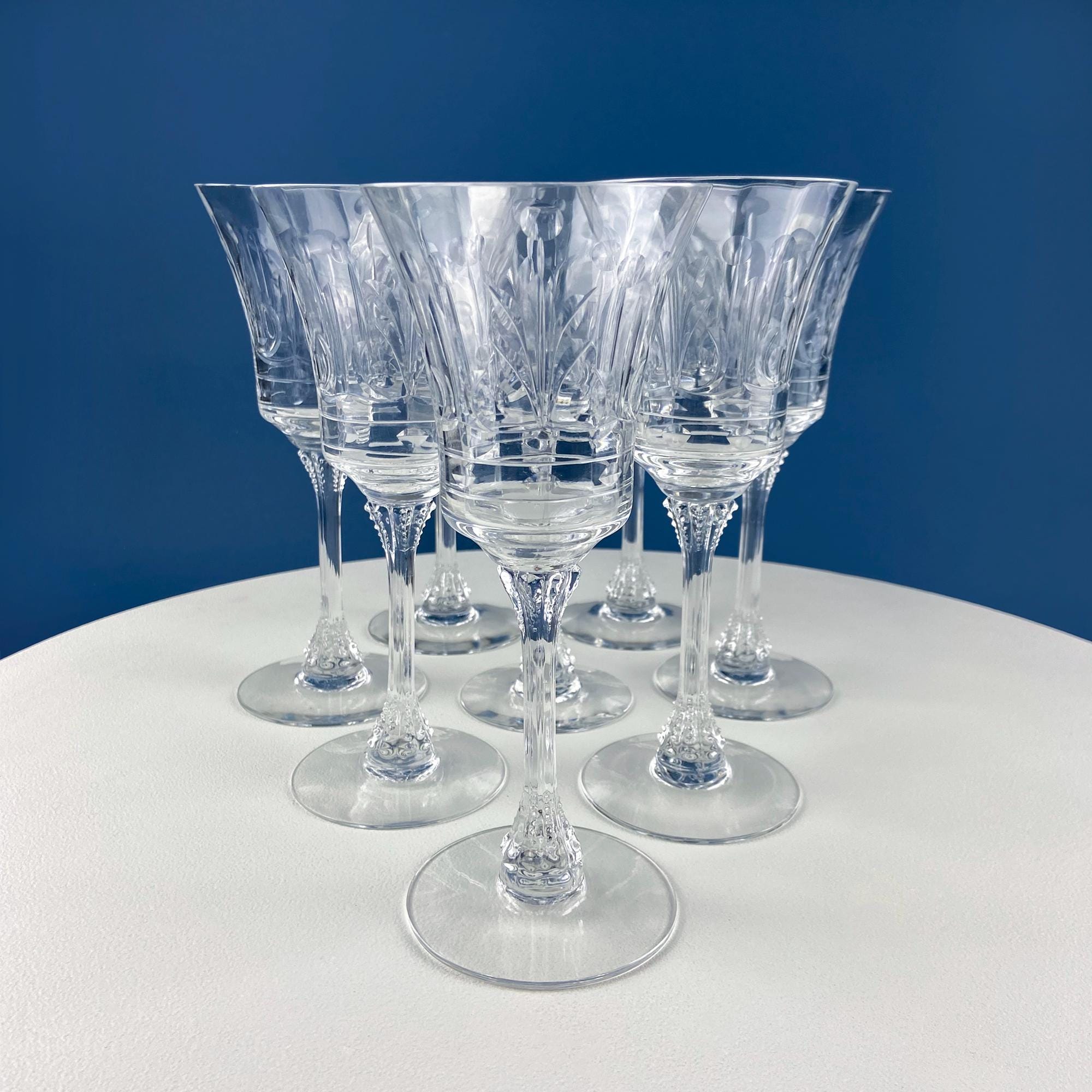 Vintage Heisey Danish Princess Cut Crystal Wine or Water Goblets. Set of 8 Stemware. Beautiful Shimmer & Ping. Wedding Gift. Housewarming.