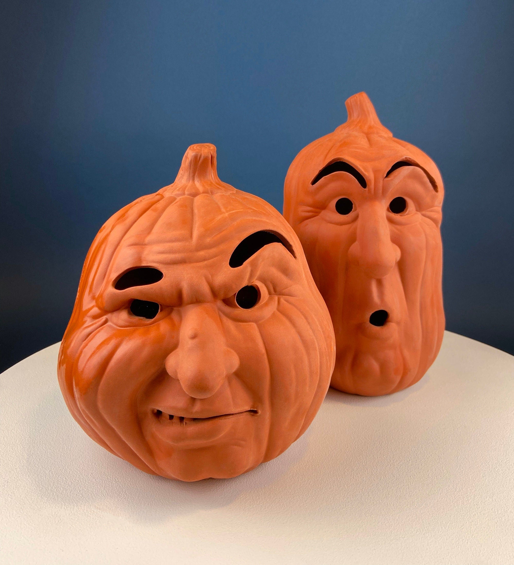 Set of Two Large Clay Pumpkins Making Scary Funny Faces. Candle or Light Kit. Halloween Thanksgiving Fall Decor. Home, Porch or Retail.