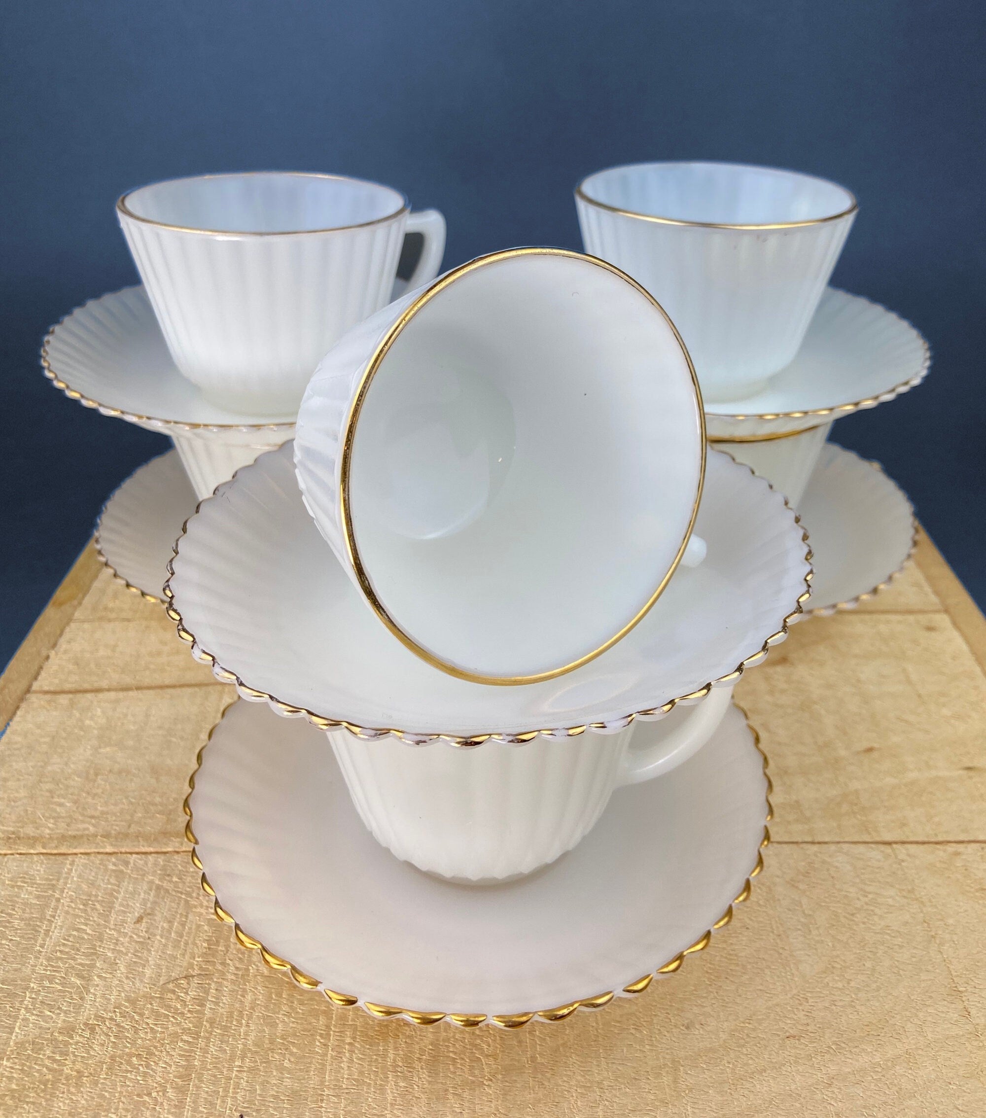5 Opalescent Monax Petalware TeaCups. White and Gold Brim Depression Glass Coffee Cups. White Table Setting. Houseware. Dinning Room Decor.