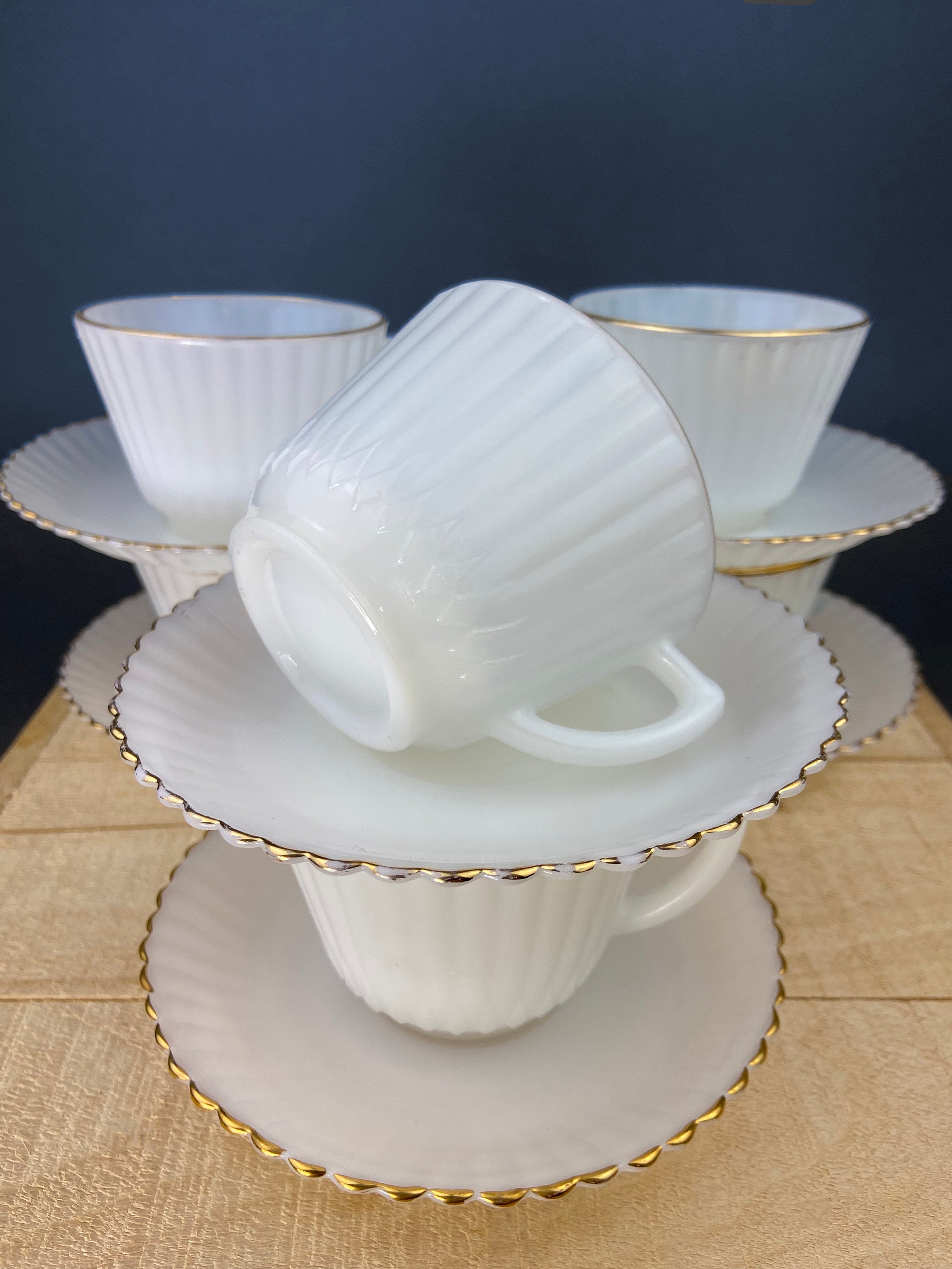 5 Opalescent Monax Petalware TeaCups. White and Gold Brim Depression Glass Coffee Cups. White Table Setting. Houseware. Dinning Room Decor.