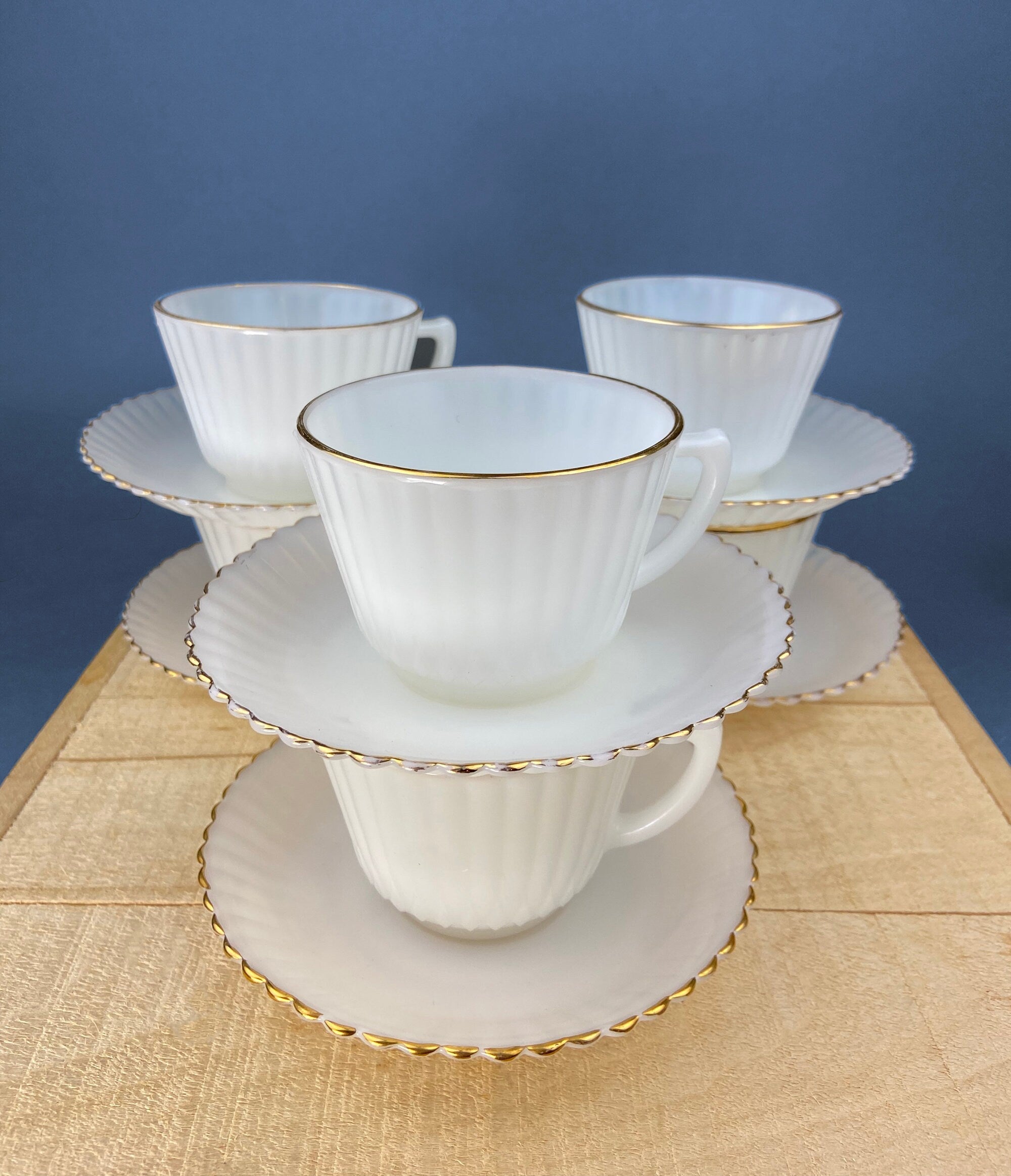 5 Opalescent Monax Petalware TeaCups. White and Gold Brim Depression Glass Coffee Cups. White Table Setting. Houseware. Dinning Room Decor.