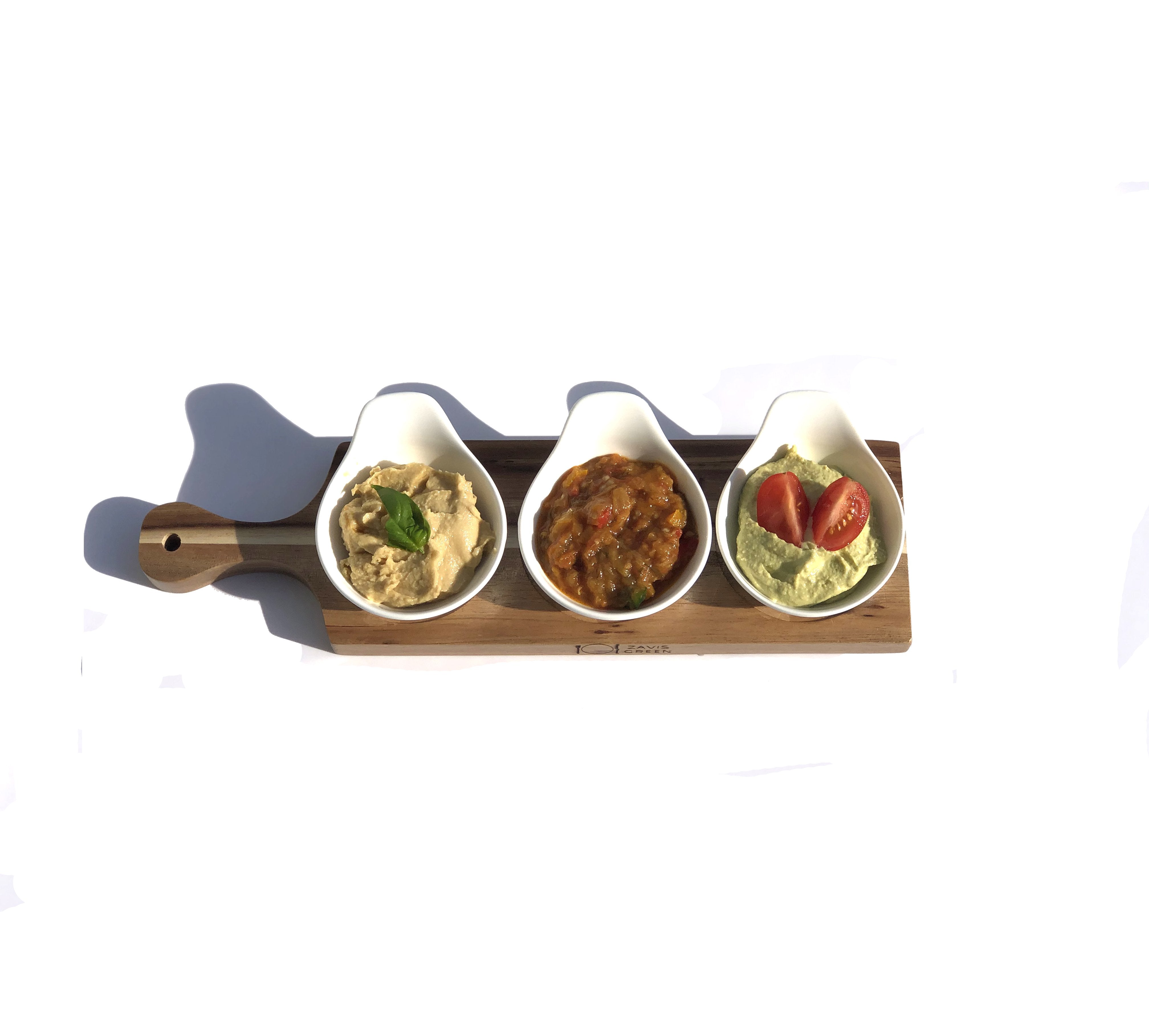Acacia 3 Hole Flight Board with Fine Porcelain round appetizer dish set WL-555041