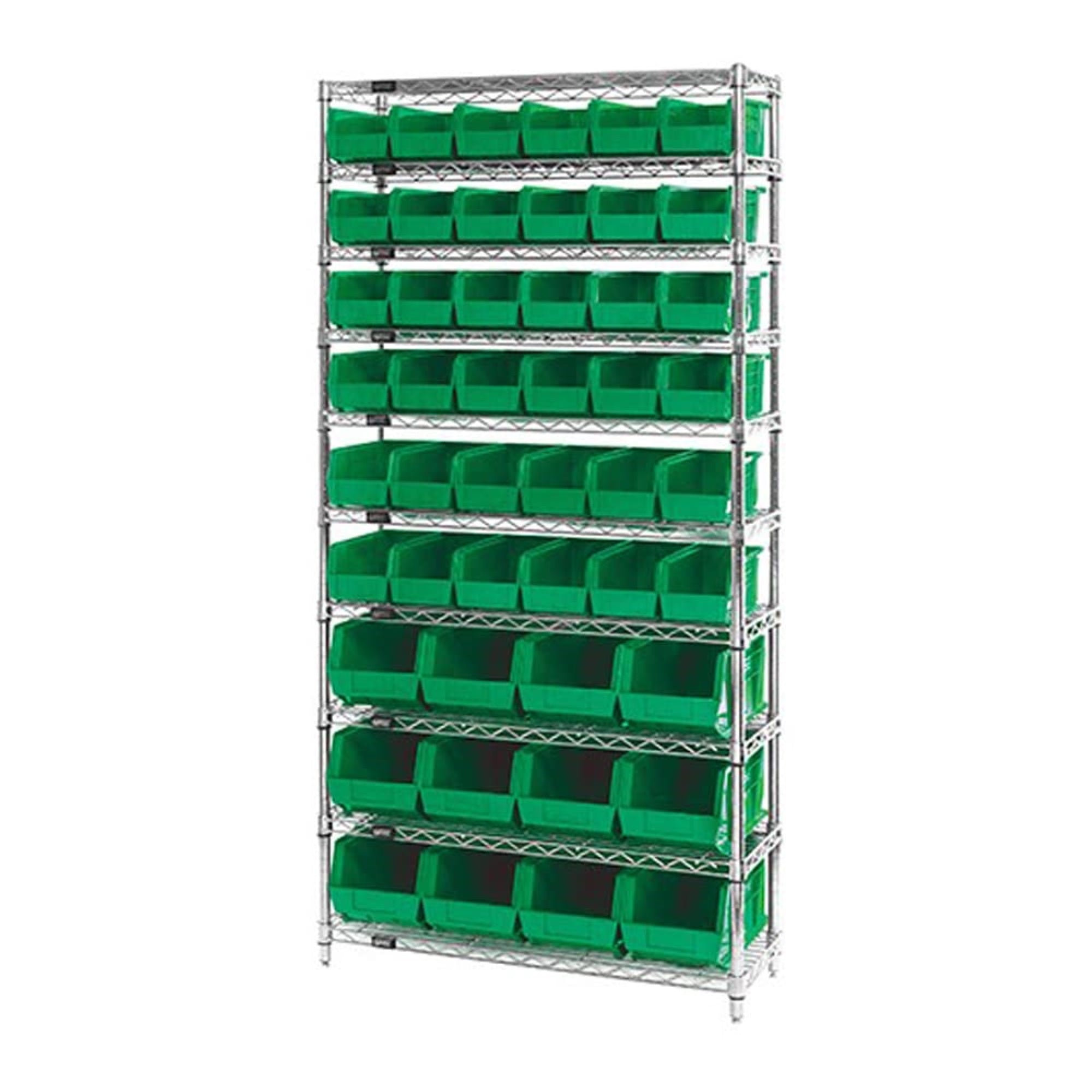 Bin System Unit, Stationary, Includes: (4) 74H Posts, (10) 36W X 14D Wire Shelves, (36) Qus230 And (12) Qus240 Green Bins, Chrom