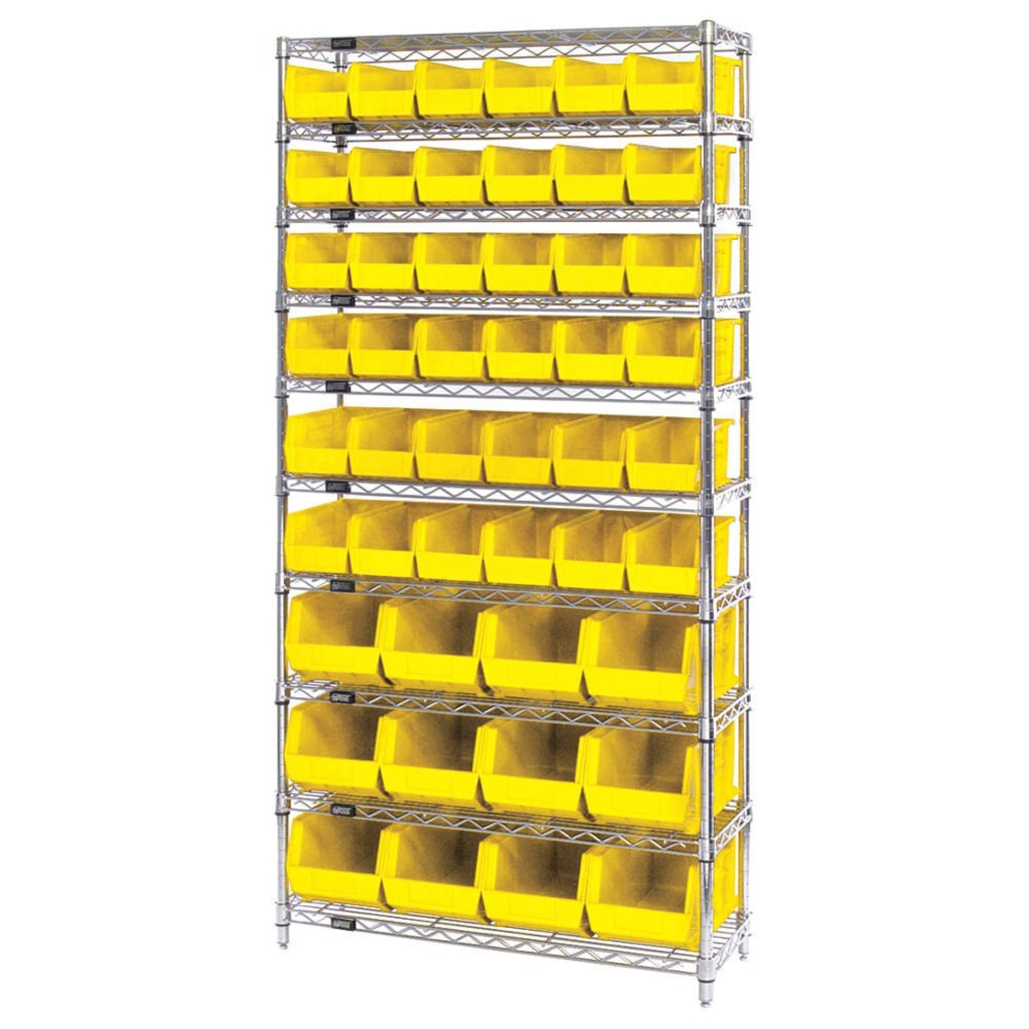 Bin System Unit, Stationary, Includes: (4) 74H Posts, (10) 36W X 14D Wire Shelves, (36) Qus230 And (12) Qus240 Yellow Bins, Chro