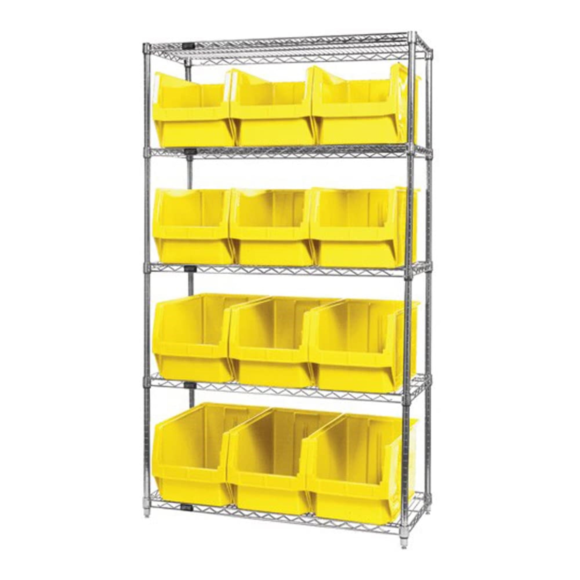 Bin Wire Shelving System, 42W X 18D X 74H, 800 Lbs Load Capacity Per Shelf, Includes: (5) Shelves And (12) Qms533 Yellow Bins, C