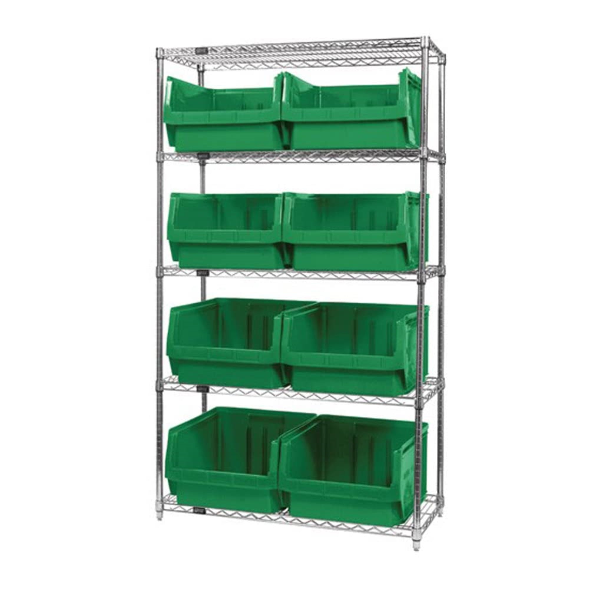 Bin Wire Shelving System, 42W X 18D X 74H, 800 Lbs Load Capacity Per Shelf, Includes: (5) Shelves And (8) Qms543 Green Bins, Chr
