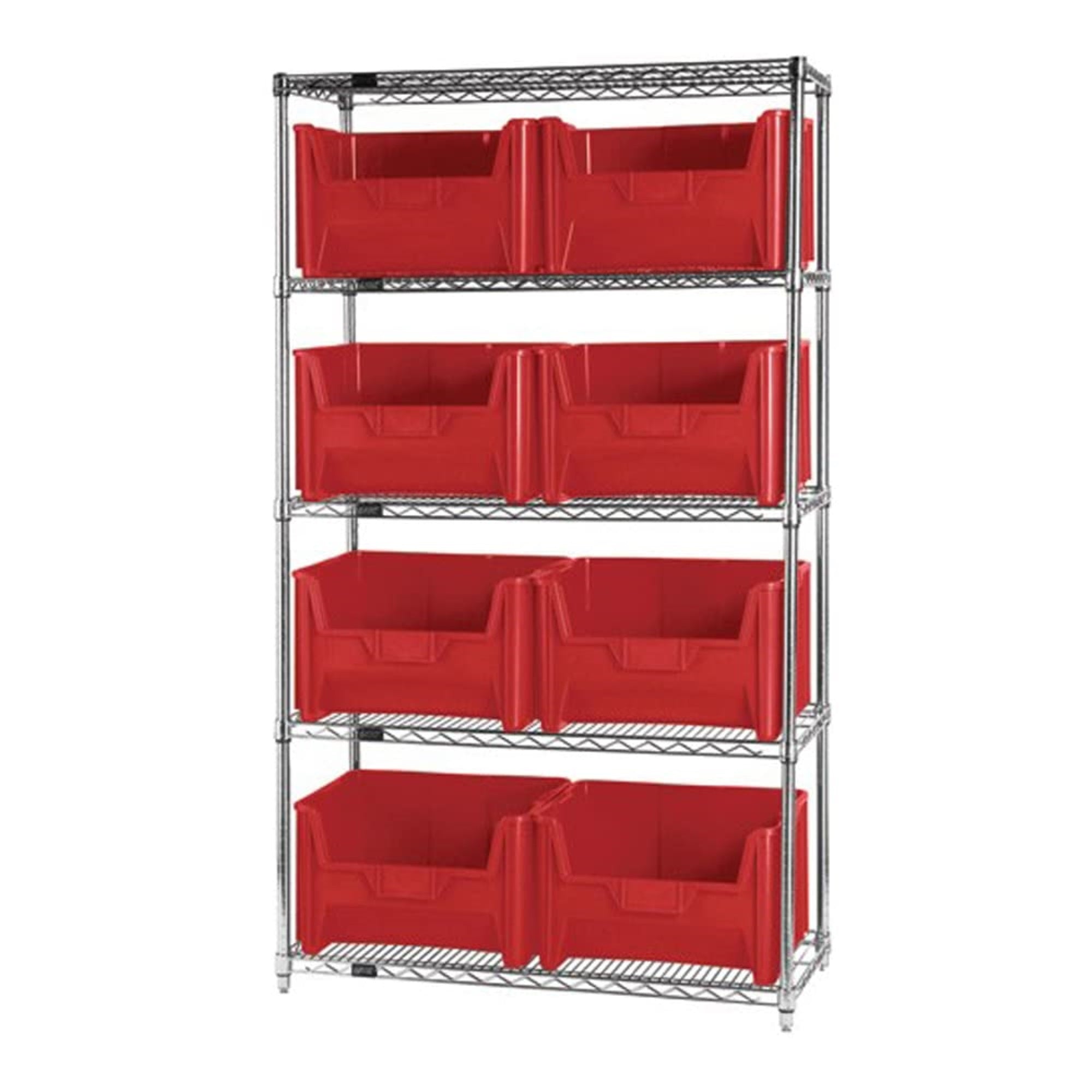 Bin Wire Shelving System, 42W X 18D X 74H, 800 Lbs Load Capacity Per Shelf, Includes: (5) Shelves And (8) Qgh700 Red Bins, Chrom
