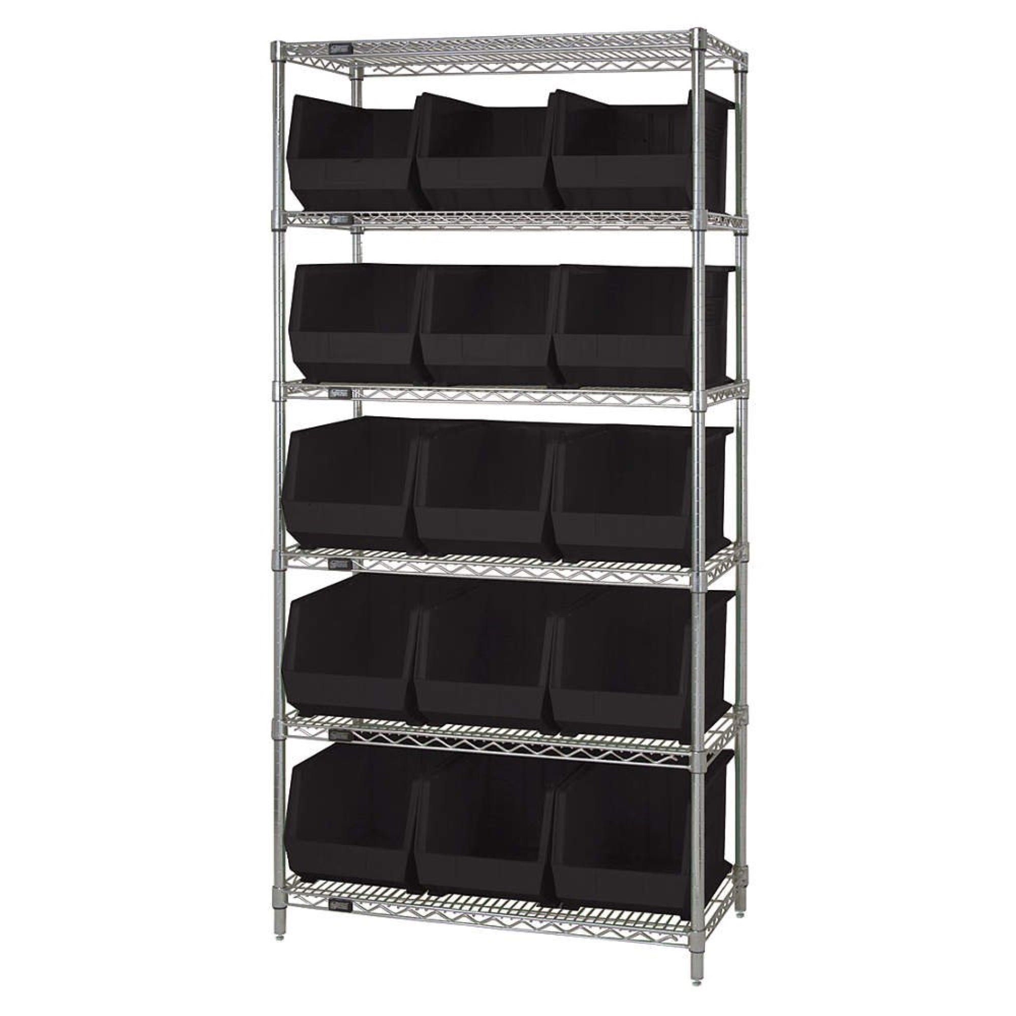 Bin Wire Shelving System, 36L x 18D x 74H, 800 lbs load capacity per shelf, includes: (6) shelves and (15) QUS260 black containe