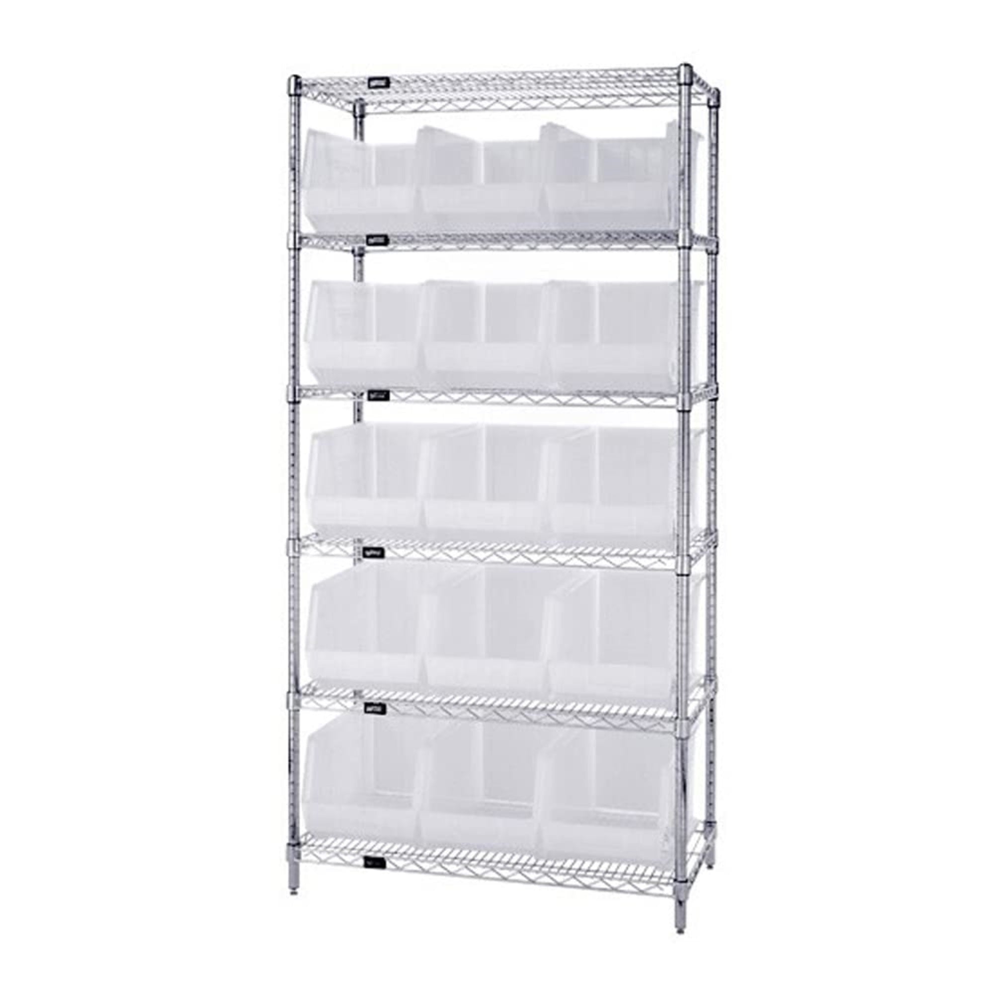 Bin Wire Shelving System, 36L X 18D X 74H, 800 Lbs Load Capacity Per Shelf, Includes: (6) Shelves And (15) Qus260 Green Containe
