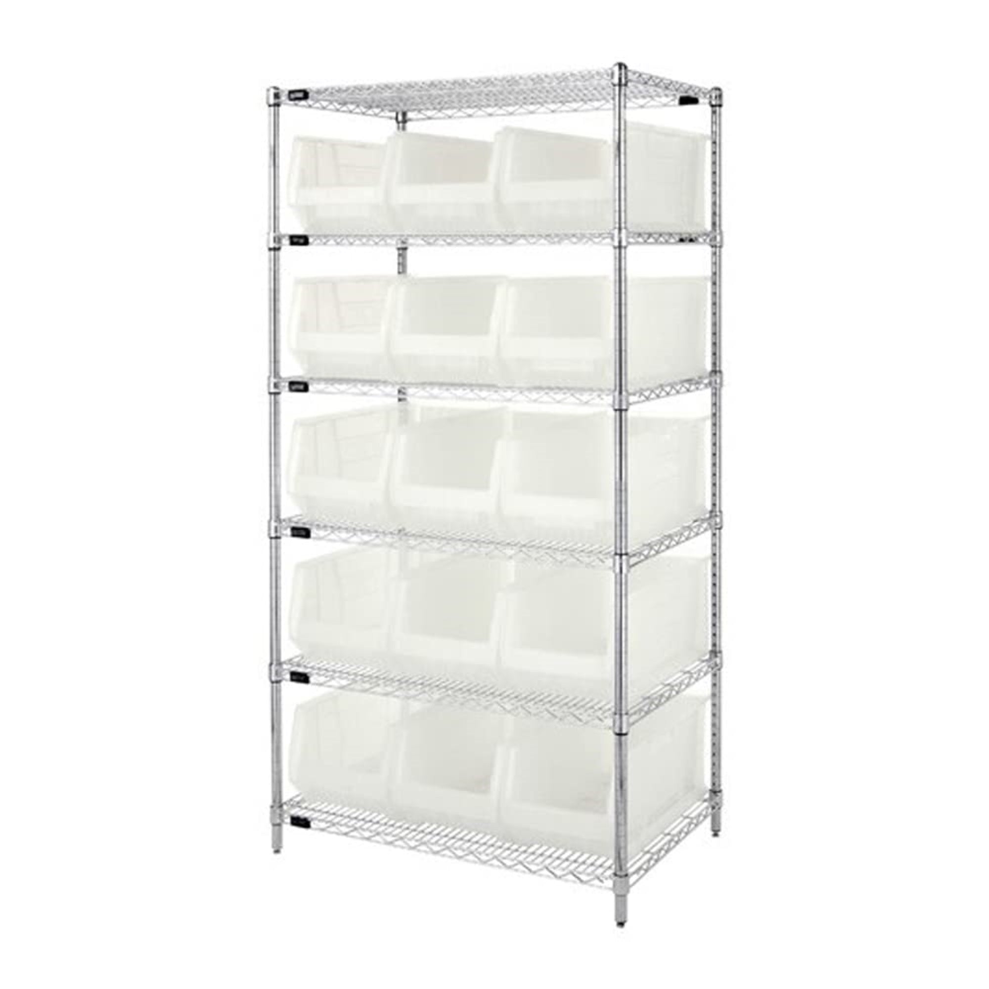 Bin Wire Shelving System, 36W x 24D x 74H overall size, 800 lb. capacity per shelf, includes: (6) wire shelves, (4) posts, and (