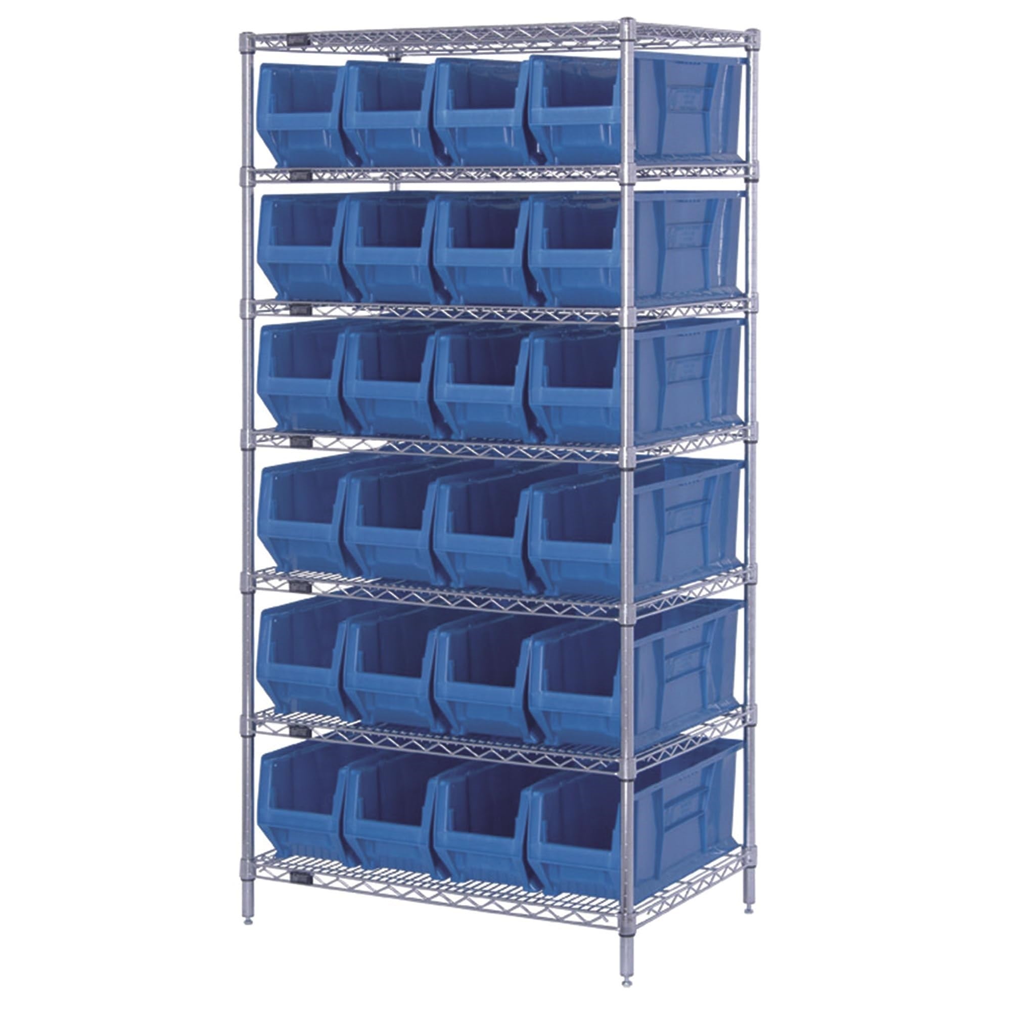 Wire Shelving Container System, 36W X 24D X 74H, 800 Lb. Capacity, Includes: (7) Wire Shelves, (4) 74H Posts, And (24) Qus951 Bl