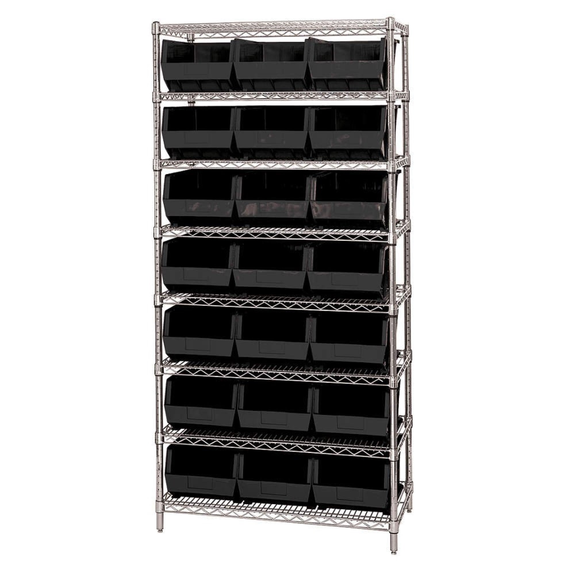 Bin Wire Shelving System, 36W X 18D X 74H, 800 Lbs Load Capacity Per Shelf, Includes: (8) Shelves And (21) Qus255 Black Bins, Ch