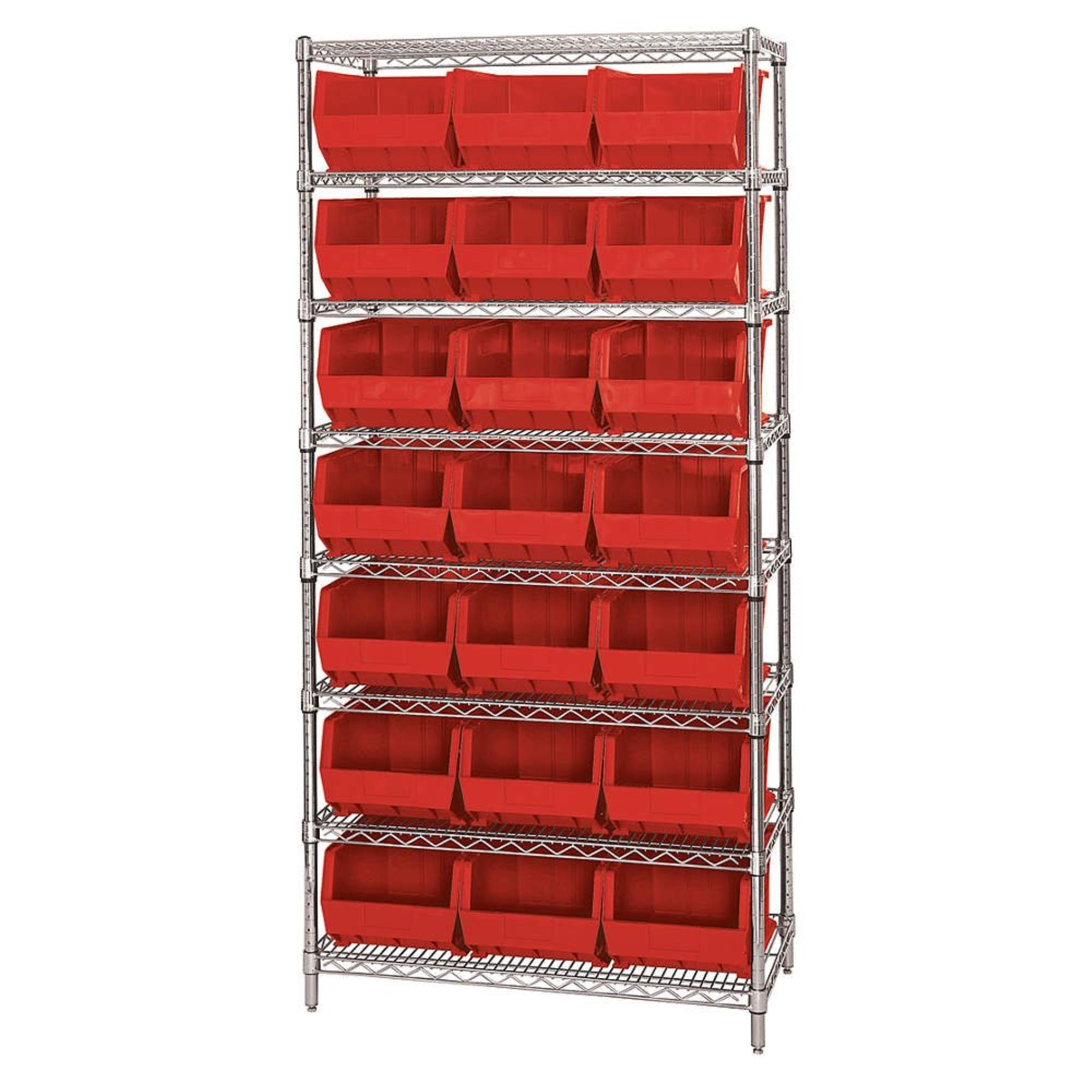 Bin Wire Shelving System, 36W X 18D X 74H, 800 Lbs Load Capacity Per Shelf, Includes: (8) Shelves And (21) Qus255 Red Bins, Chro