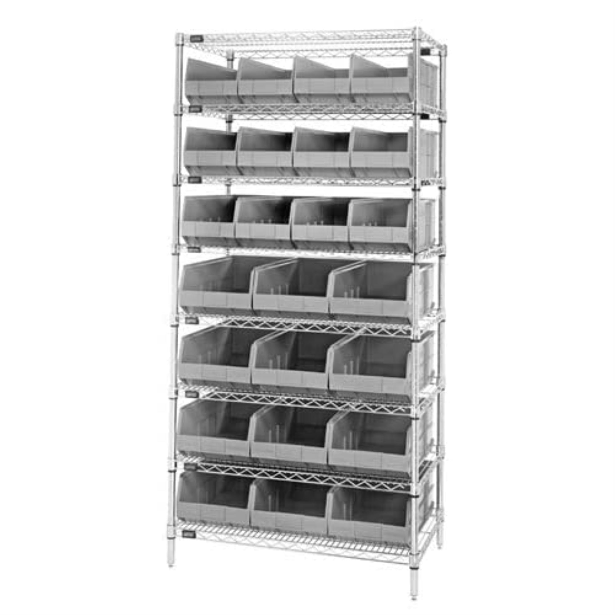 Bin Wire Shelving System, 36W X 21D X 74H, 800 Lbs Load Capacity Per Shelf, Includes: (8) Shelves, (12) Ssb483 And (12) Ssb485 B