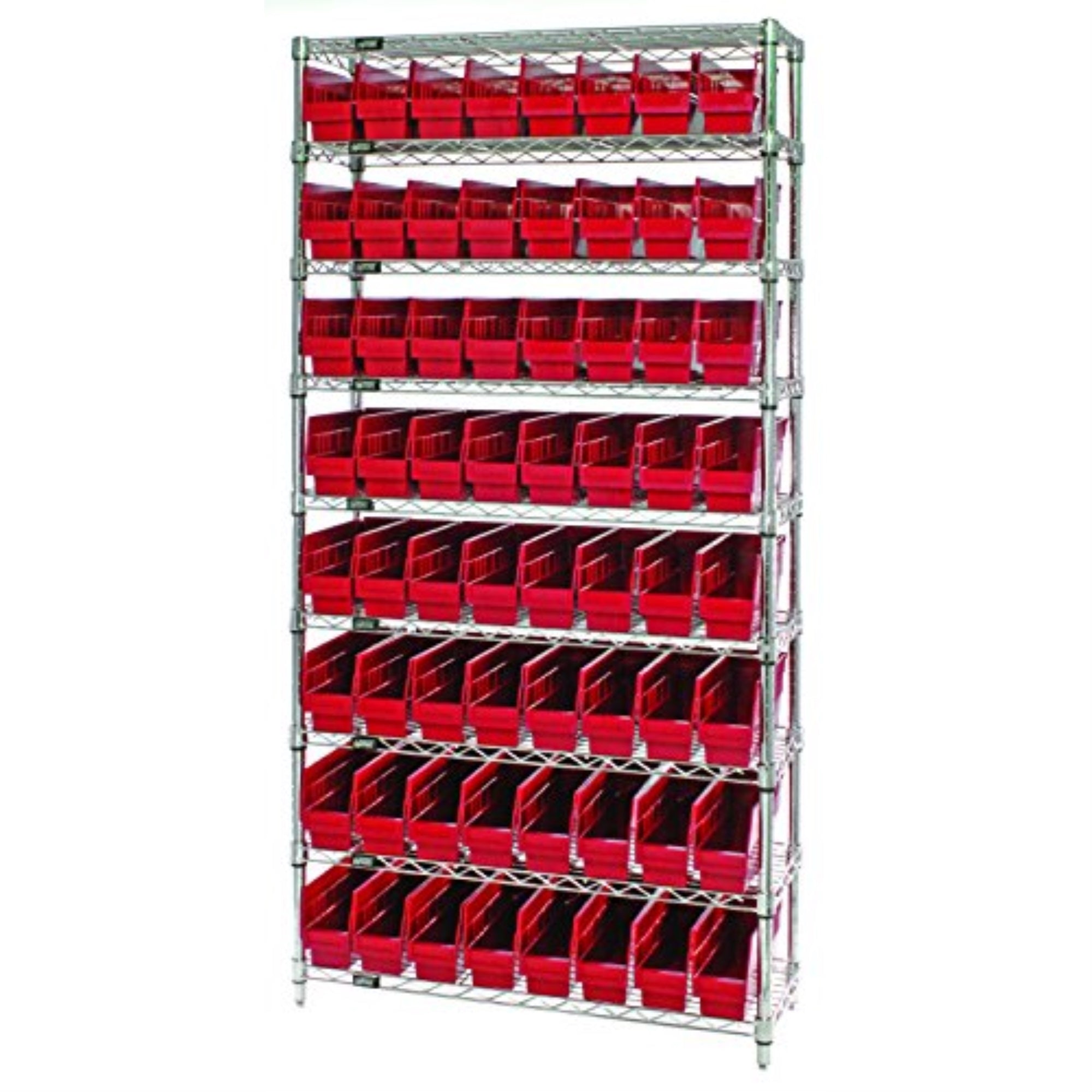 Bin Wire Shelving System, 36W X 24D X 74H Overall Size, 800 Lb. Capacity Per Shelf, Includes: (9) Wire Shelves, (4) Posts, And (