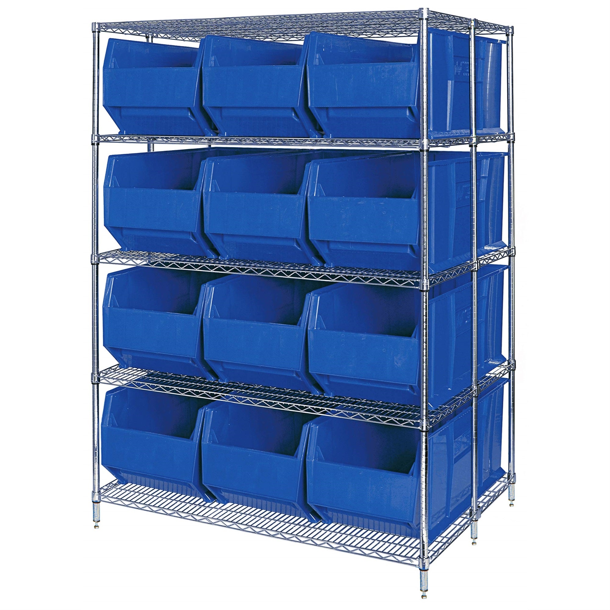 Rackbin 42 Container Wire Shelving System, 42D X 54W X 86H, Includes: 5-Tier Of Shelving And (12) Qrb166 Blue Containers, Chrome