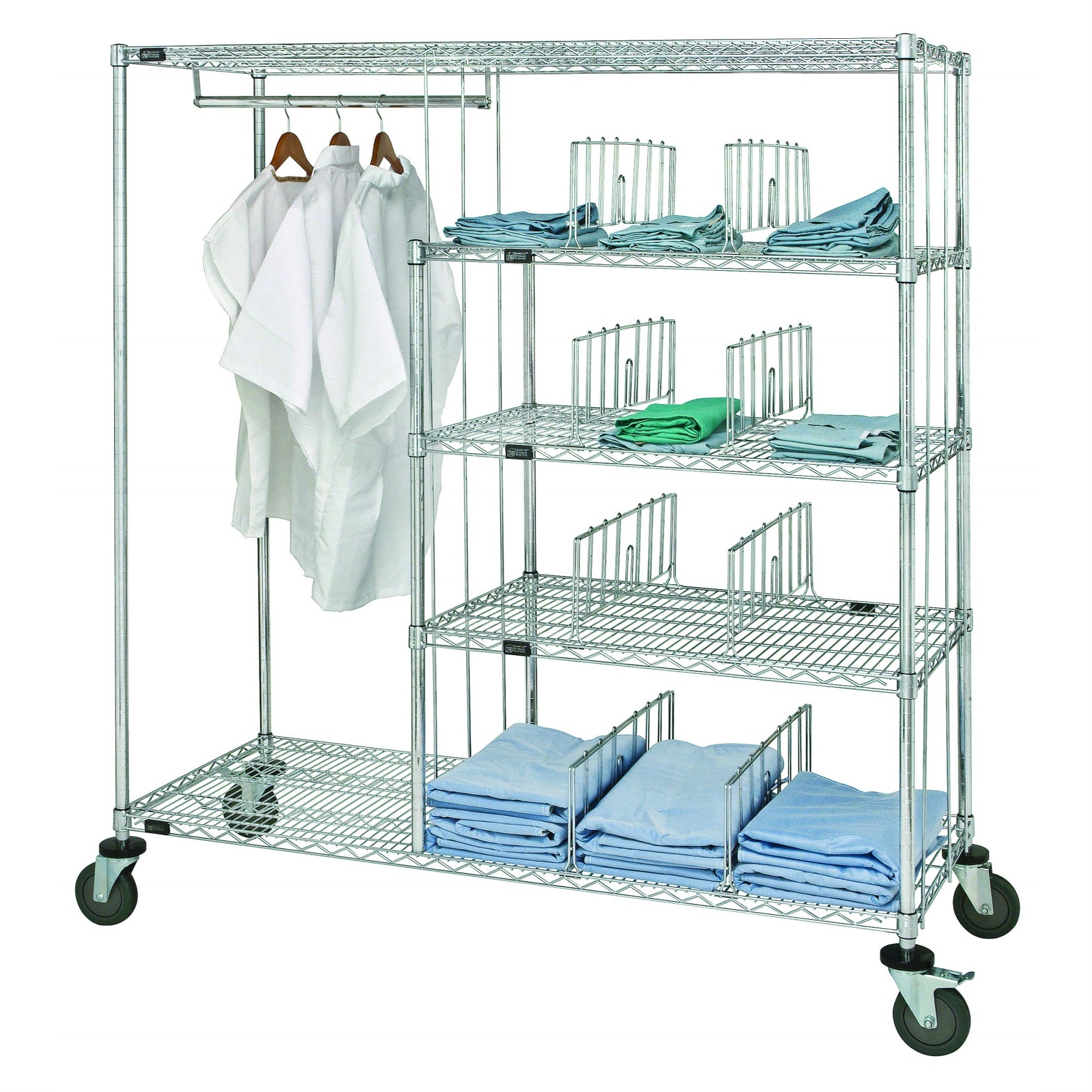 Patient Apprarel Cart, 60W X 24D X 69H, 1200 Lbs Load Capacity, Includes: 24 Hang Bar, (3) 36W X 24D Wire Shelves And (8) Divide