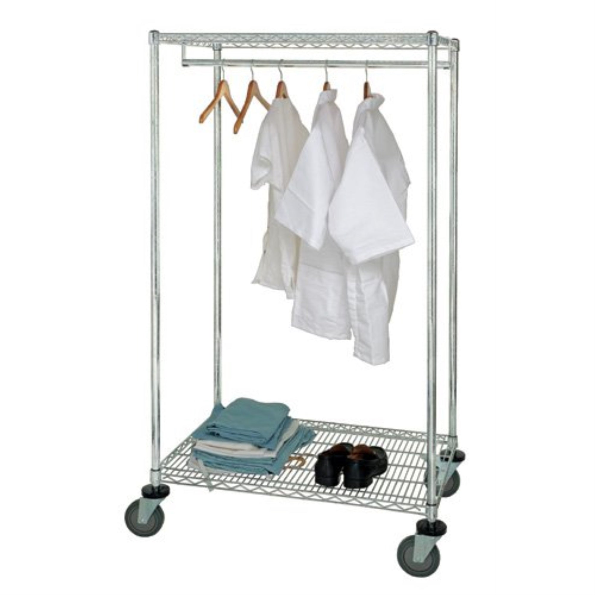 Wire Garment Rack, Stationary, 36W X 24D X 63H, 75 Lbs. Capacity On The Hang Bar, Chrome Plated Finish