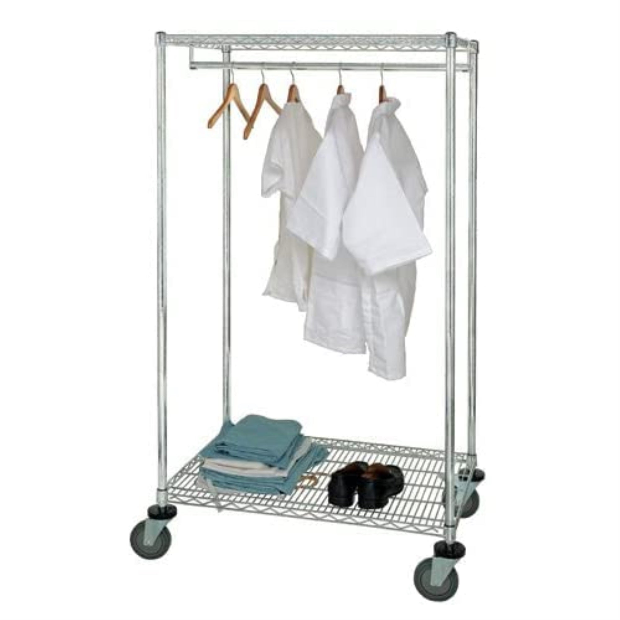 Wire Garment Rack, Stationary, 48W X 24D X 63H, 75 Lbs. Capacity On The Hang Bar, Chrome Plated Finish