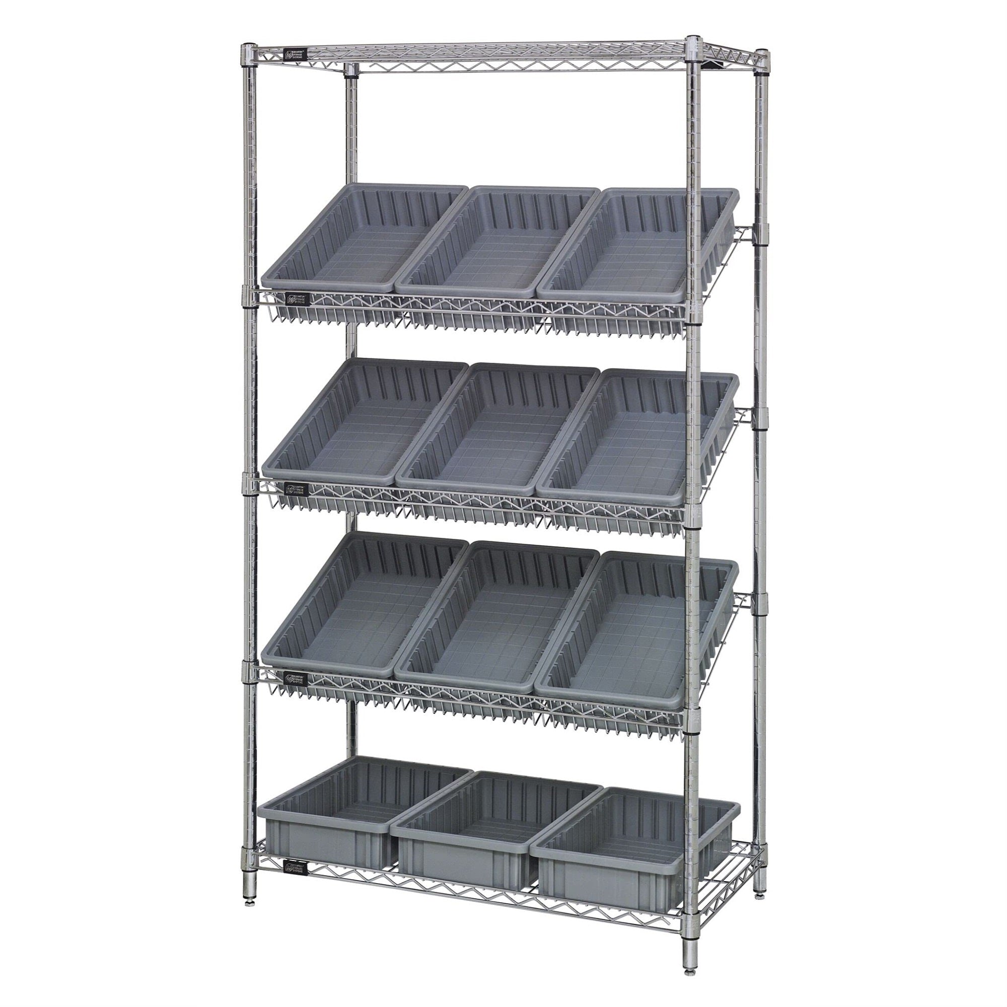 Bin Systems Unit, Stationary, Includes: (4) Posts, (2) Flat Wire Shelves, (3) Slanted Wire Shelves & (12) 16-1/2L X 10-7/8W X 3-