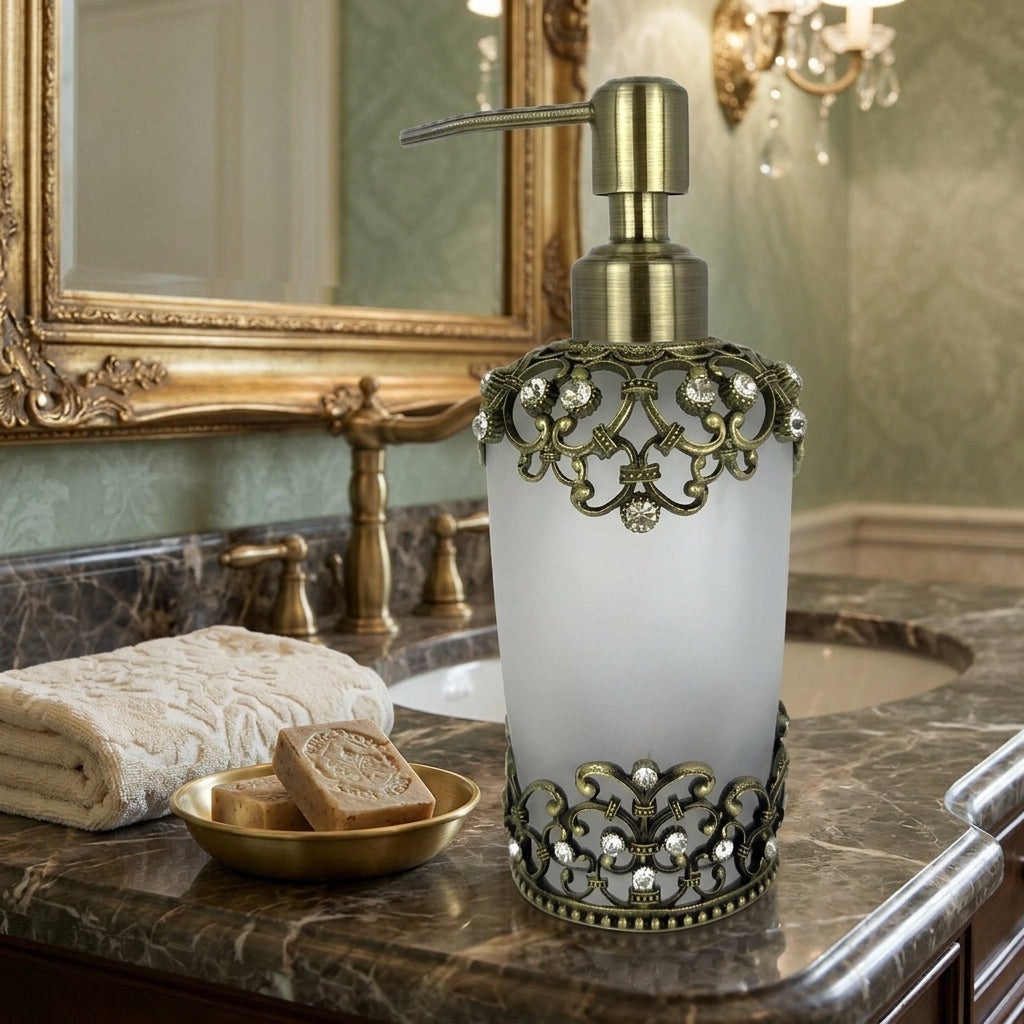 Amara Soap Dispenser – Frosted Glass Decorative Bathroom Accessory With Pewter Finish