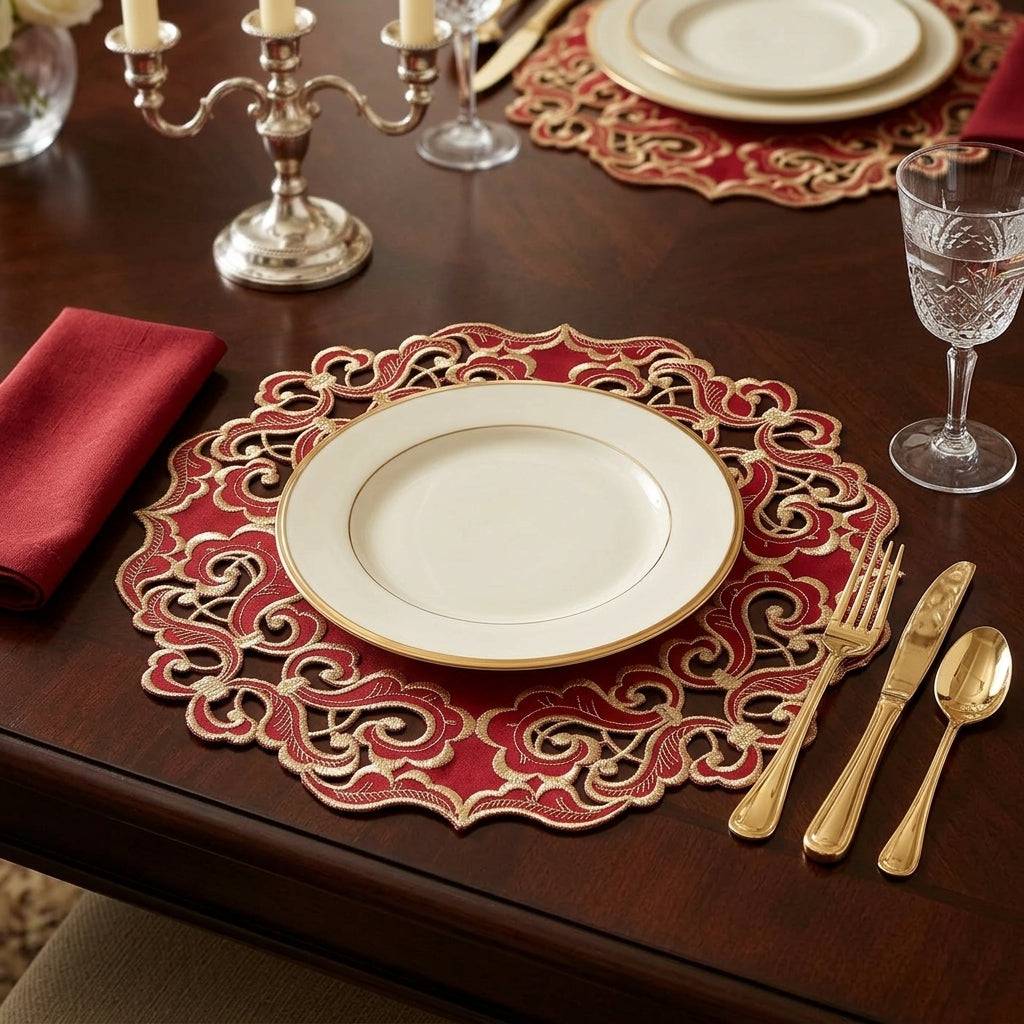 Burgundy Gold Doilies – Granada Collection Embroidered Table Doilies 15 Inch