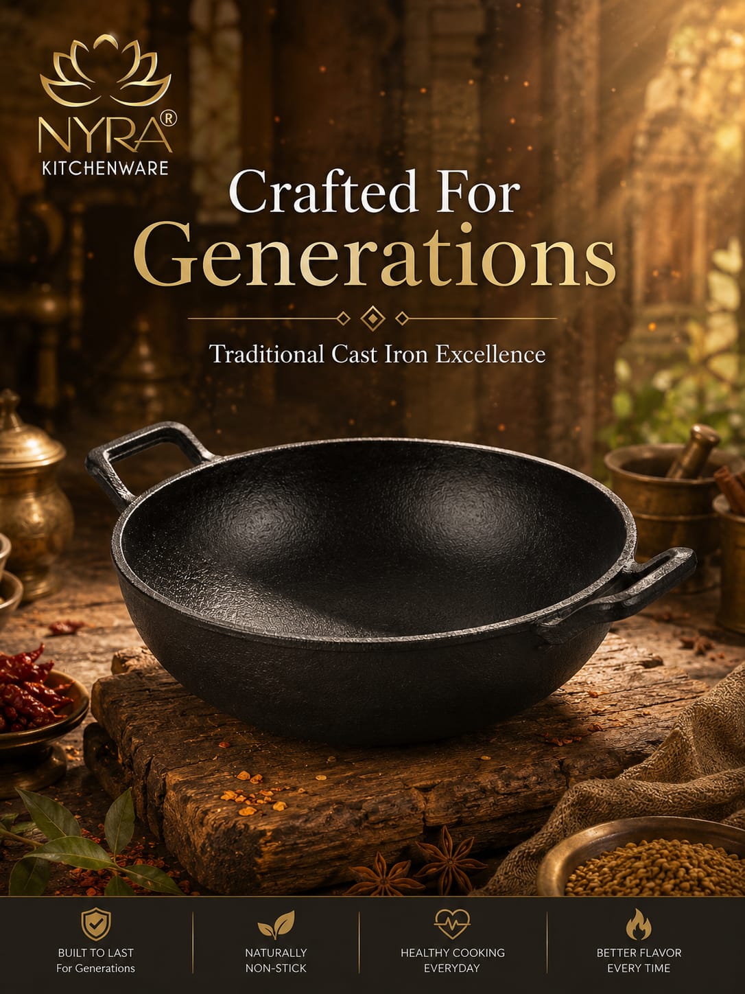 Pre-Seasoned Cast Iron Wok/Kadhai | Pure, clean & Naturally Non-Stick