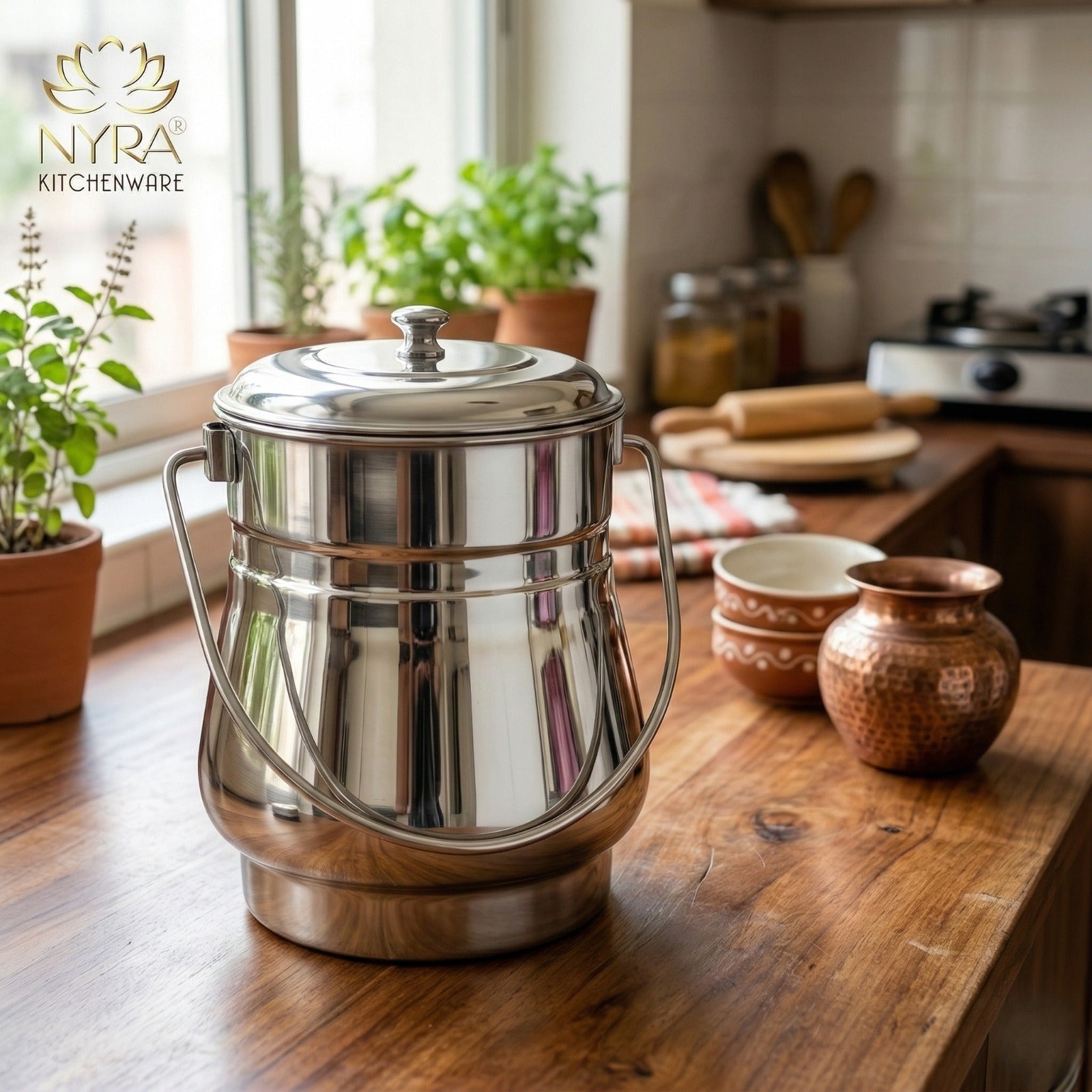 Stainless Steel Milk Pot/Container with lid | Flat Bottom dolchi for Milk - small
