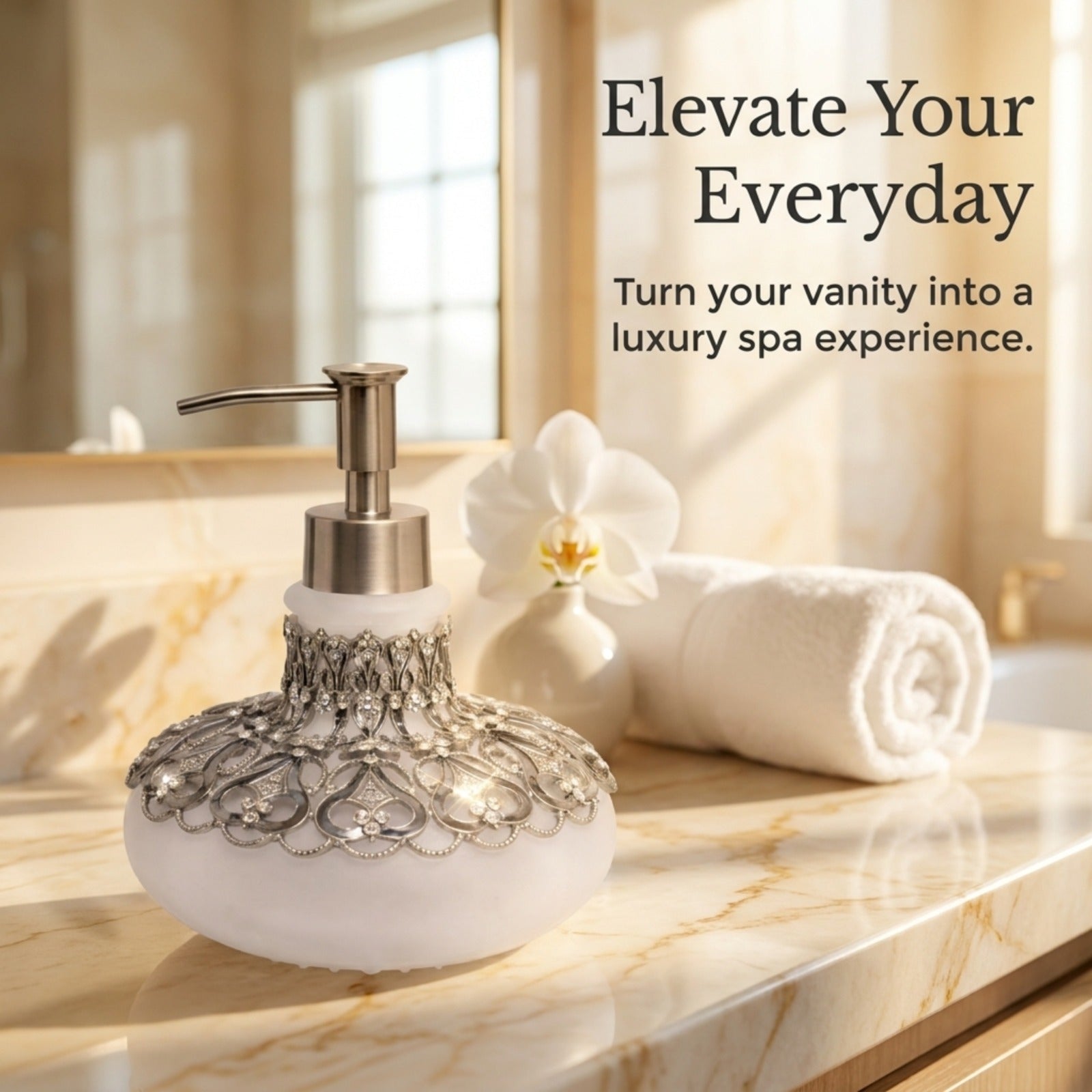 Oriana Soap Dispenser – Elegant 9 oz Frosted Glass Bathroom Decor with Rhinestone Pump