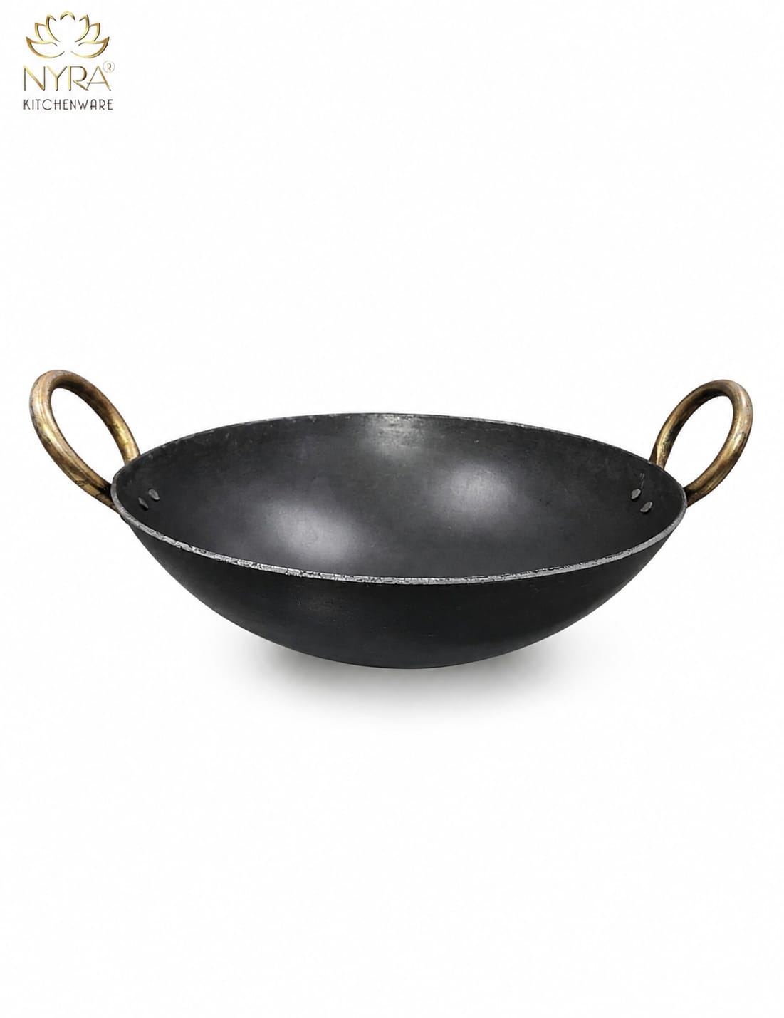 Black Iron Wok with Golden Handles | Heavy Duty Iron Kadhai for Frying, Sauting & Traditional Cooking | Deep Round Bottom Matte Black Finish | quality Iron Cookware - medium