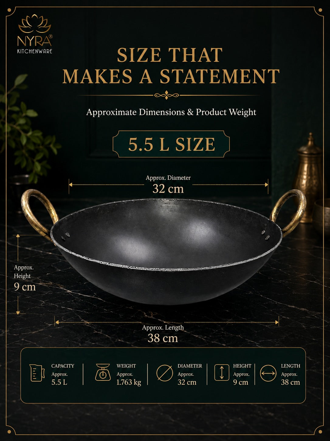 Black Iron Wok with Golden Handles | Heavy Duty Iron Kadhai for Frying, Sauting & Traditional Cooking | Deep Round Bottom Matte Black Finish | quality Iron Cookware - extra large