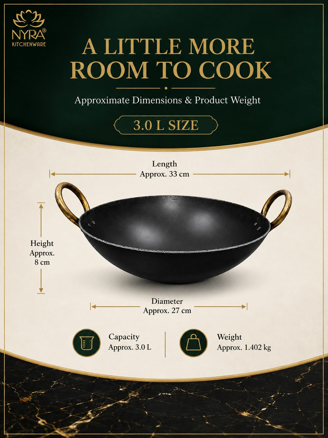 Black Iron Wok with Golden Handles | Heavy Duty Iron Kadhai for Frying, Sauting & Traditional Cooking | Deep Round Bottom Matte Black Finish | quality Iron Cookware - large