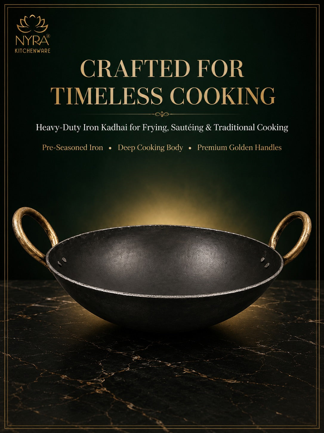 Black Iron Wok with Golden Handles | Heavy Duty Iron Kadhai for Frying, Sauting & Traditional Cooking | Deep Round Bottom Matte Black Finish | quality Iron Cookware - small