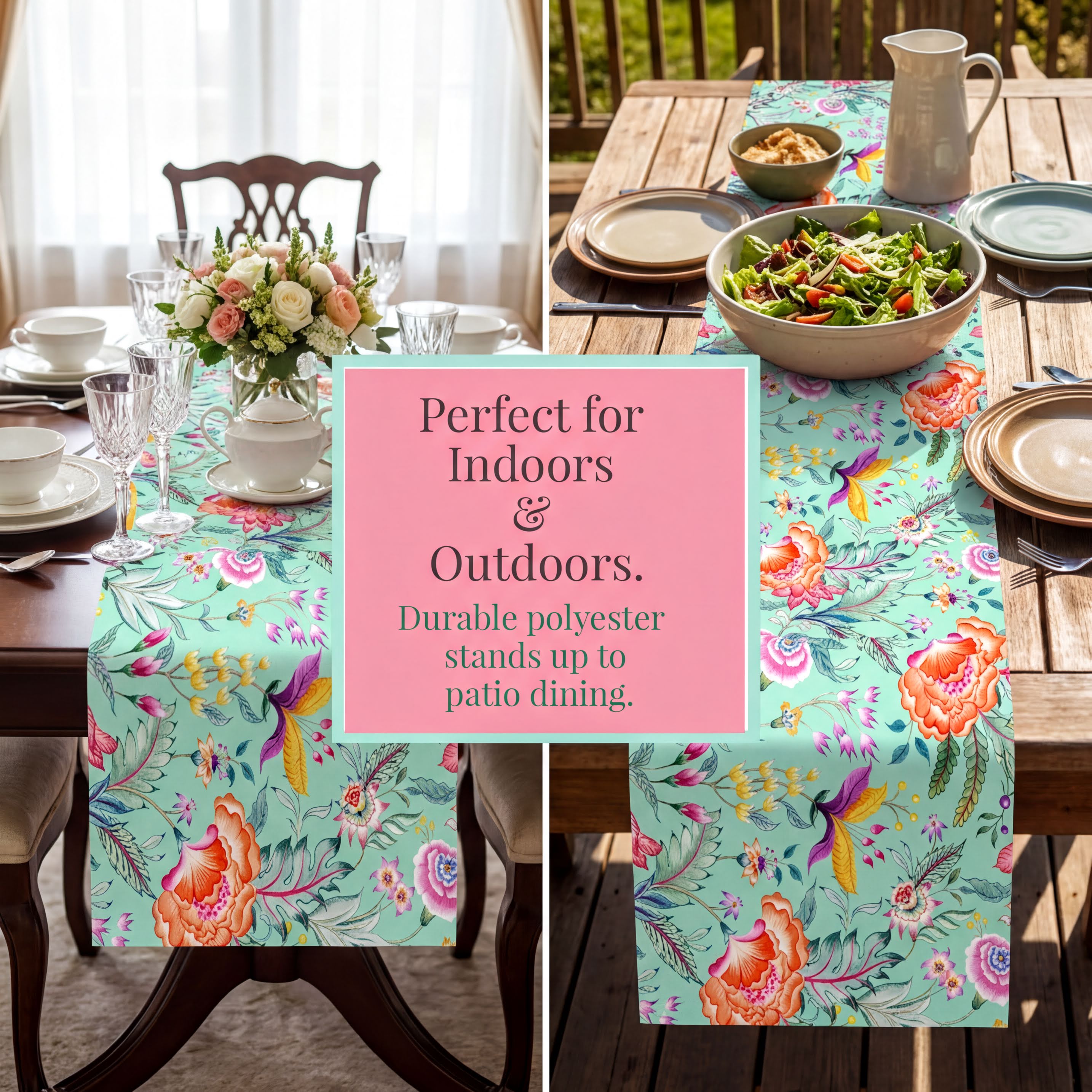 Printed Table Runner - Chintz Floral Print Green Pink, Elegant Dining Decor