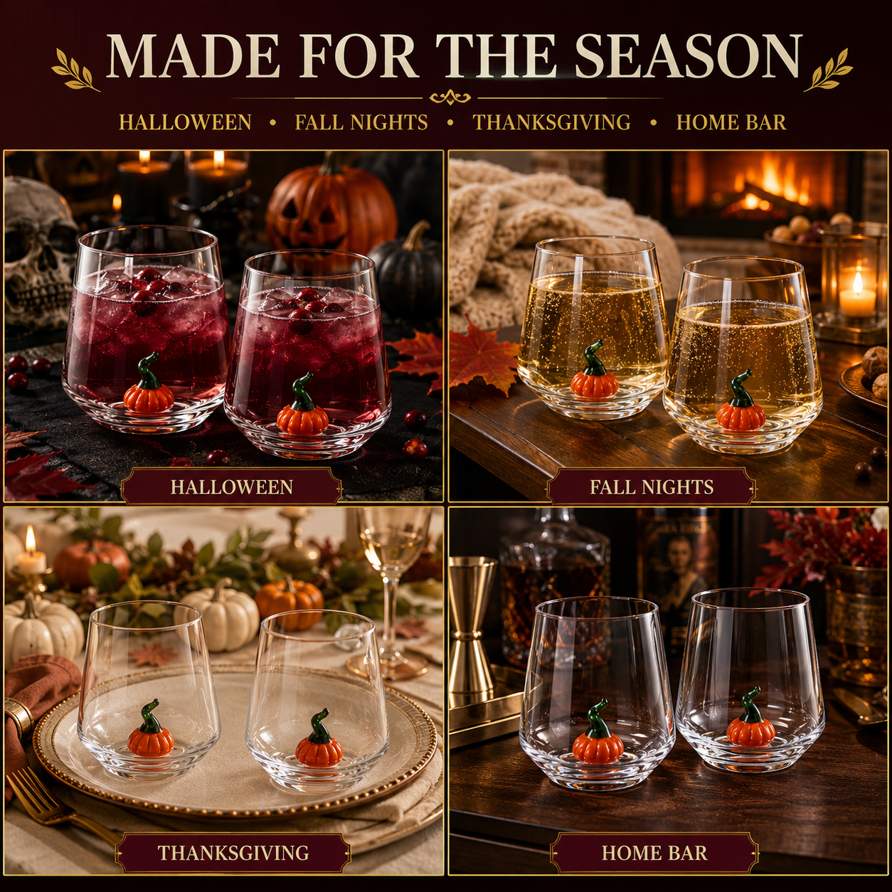 Khen Pumpkin Glass Set Fall Drinkware Decorative - 12oz Clear
