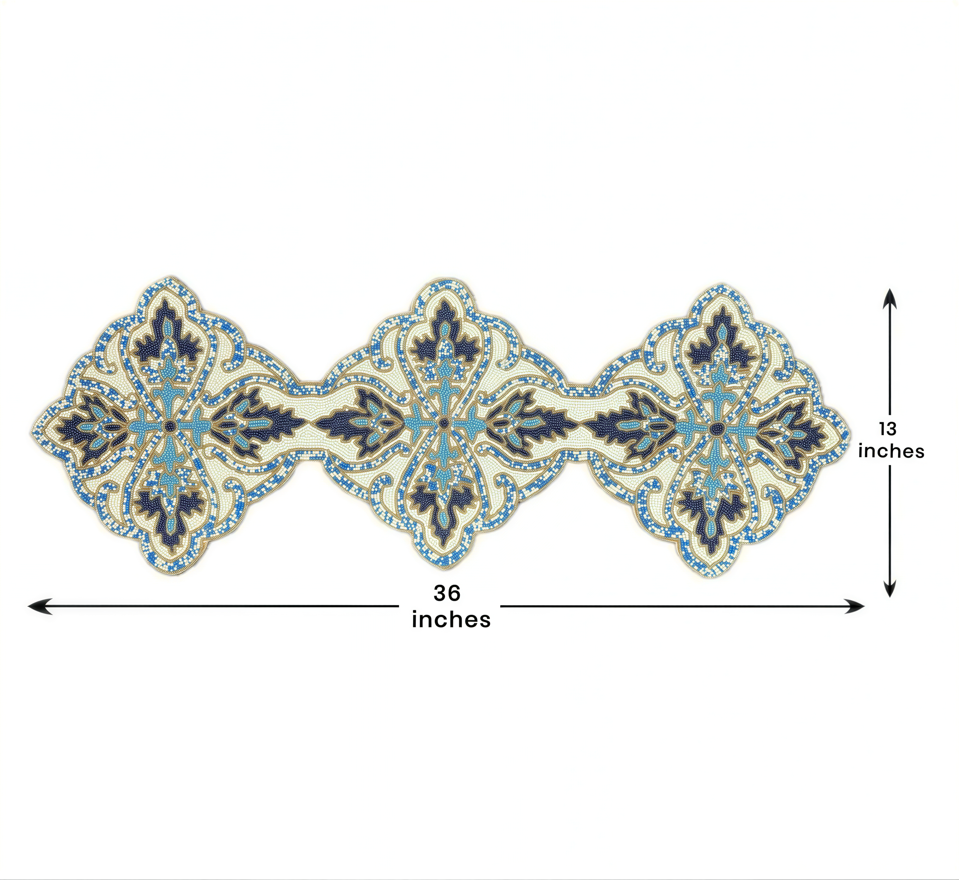 Beaded Table Runner - Blue White Satin Fabric Runner with Glass Bead Decoration, 54" x 13"