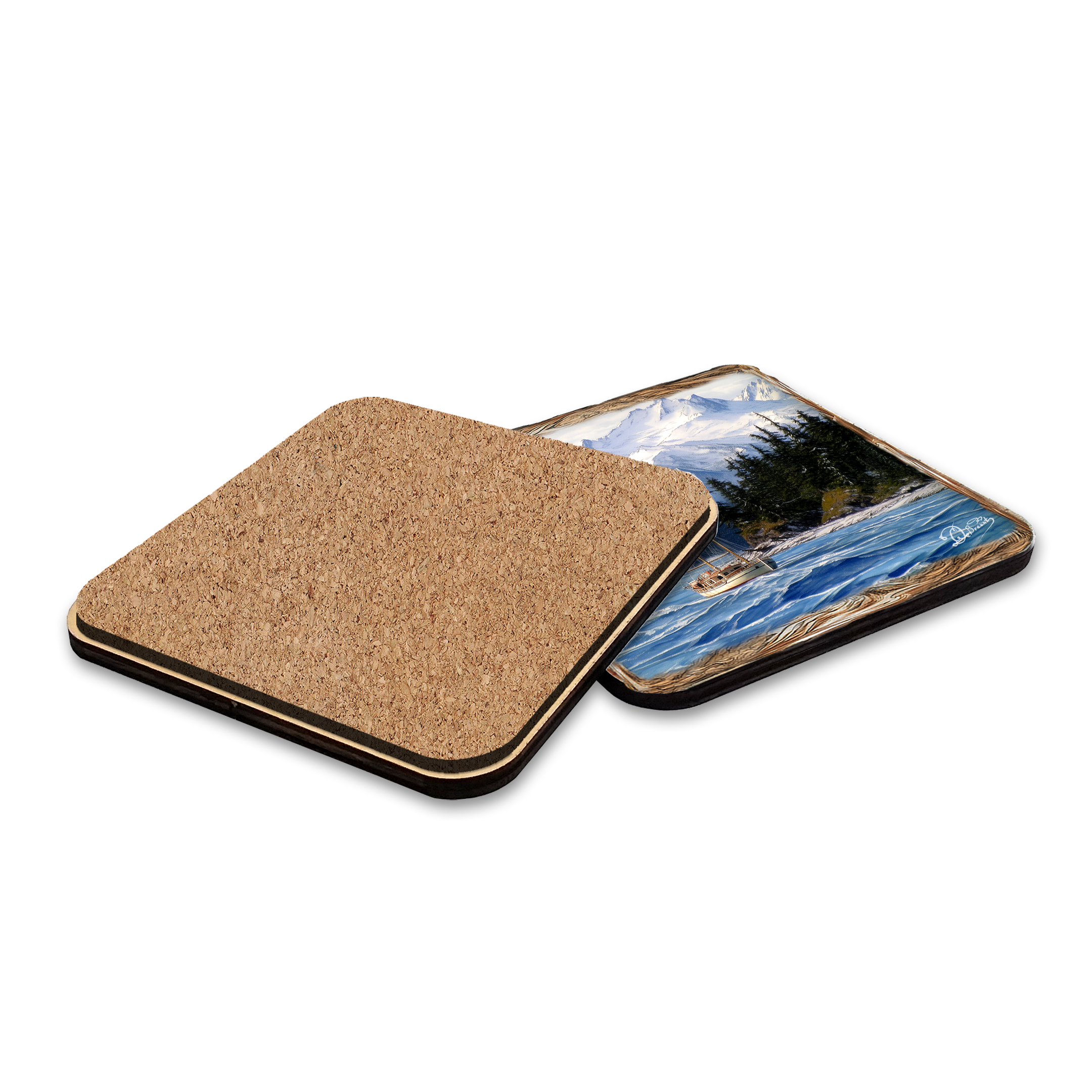 Fishing Boats Wooden Cork Placemat and Coasters Gift Set of 7 by Nature Wonders Coastal Wildlife Decor  - 85405C-S7