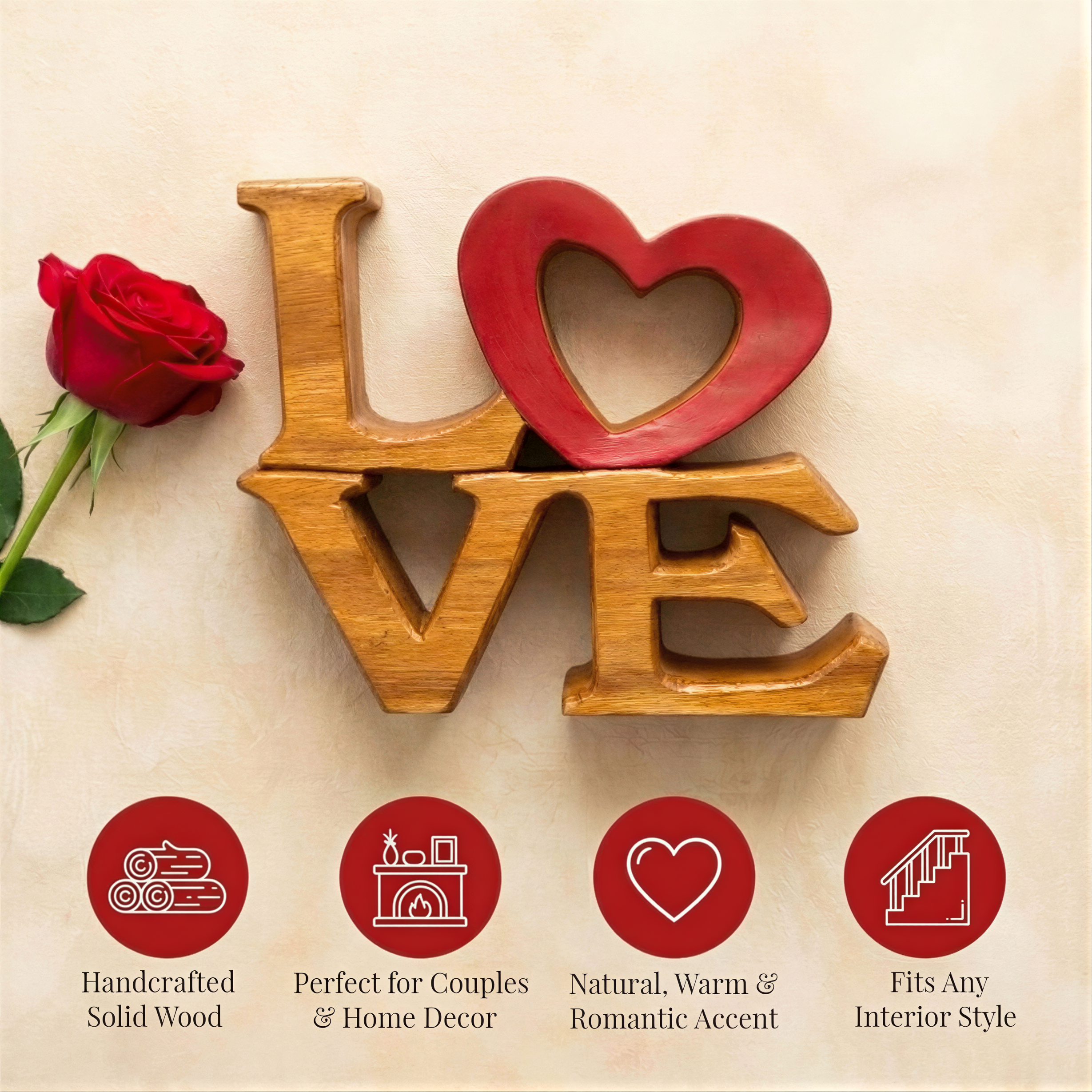 Handmade Wooden Sculpture – Elmija Love Word Sign, Solid Acacia Wood Art
