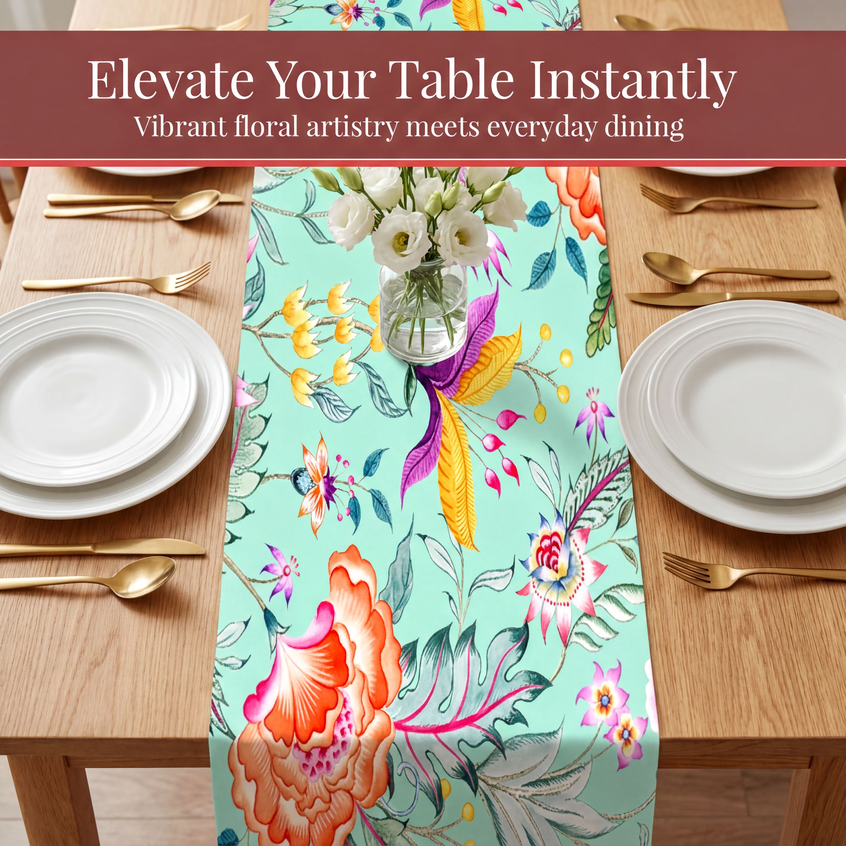 Printed Table Runner - Chintz Floral Print Green Pink, Elegant Dining Decor