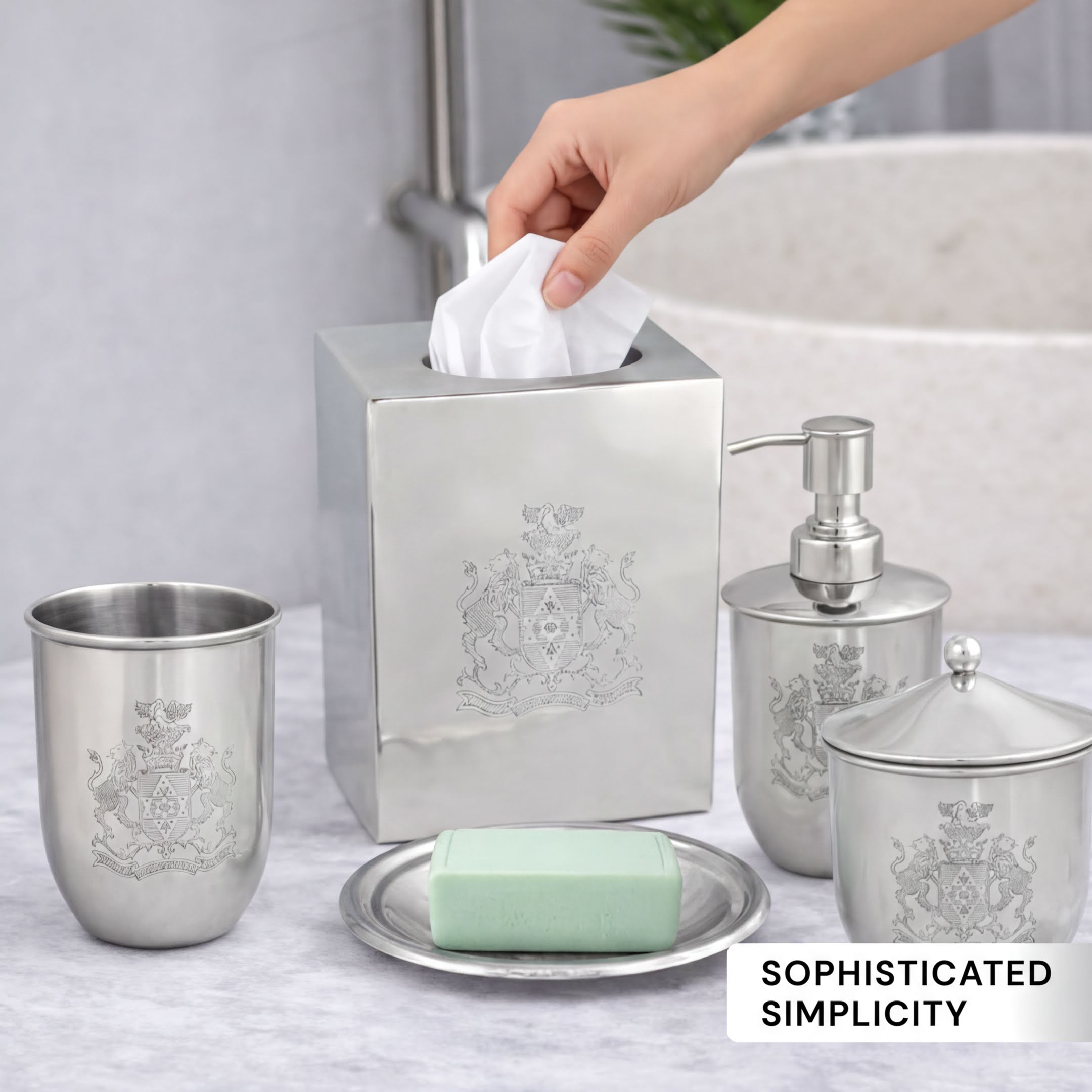 Bathroom Accessory Set - Elegant Silver Metal Bathroom Organizer Collection